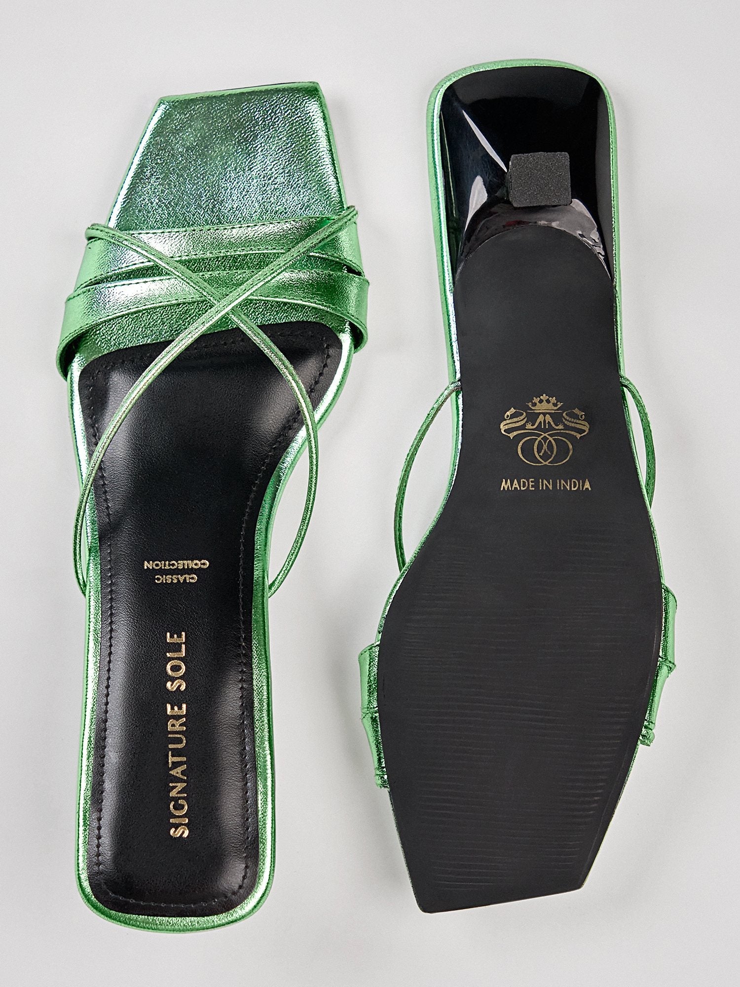 green Metallic Ankle Wrap Block Heel