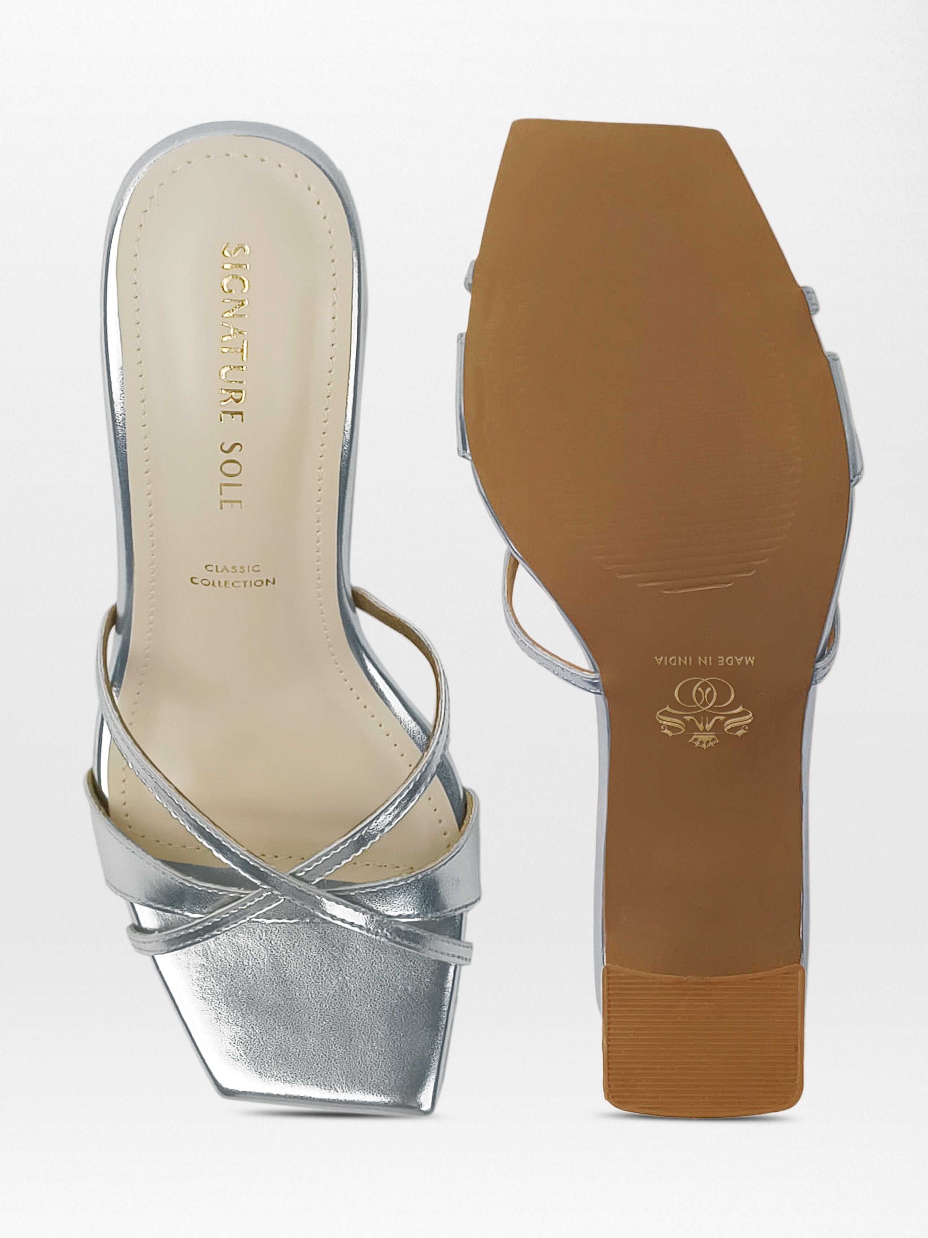 Silver Cross-Strap Block Heel Mule