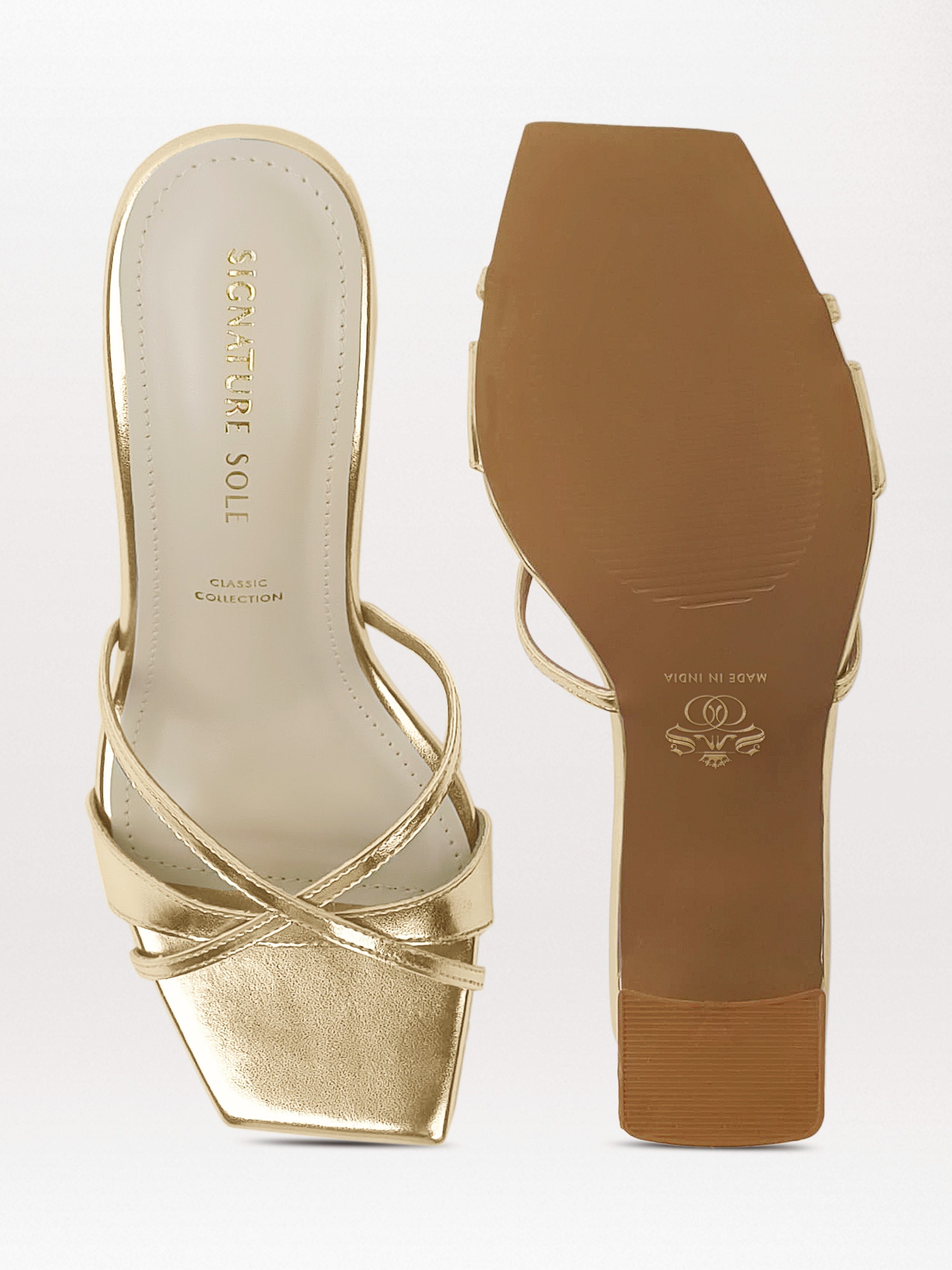Gold Cross-Strap Block Heel Mule