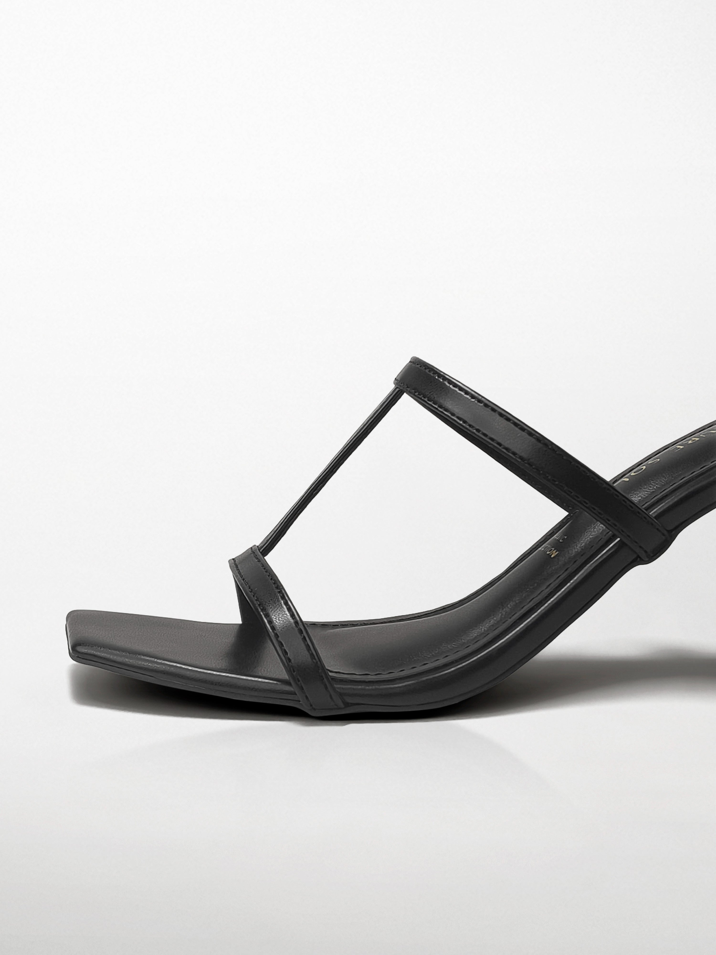 Black T-strap Block Heel Mule