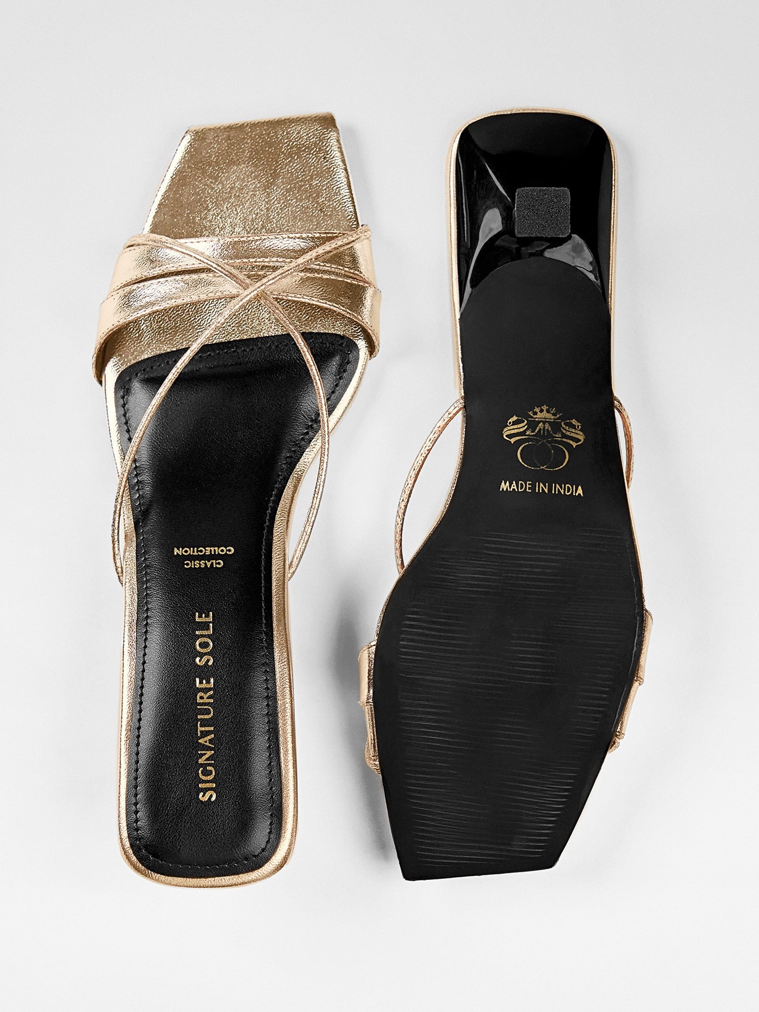 Gold Metallic Ankle Wrap Block Heel