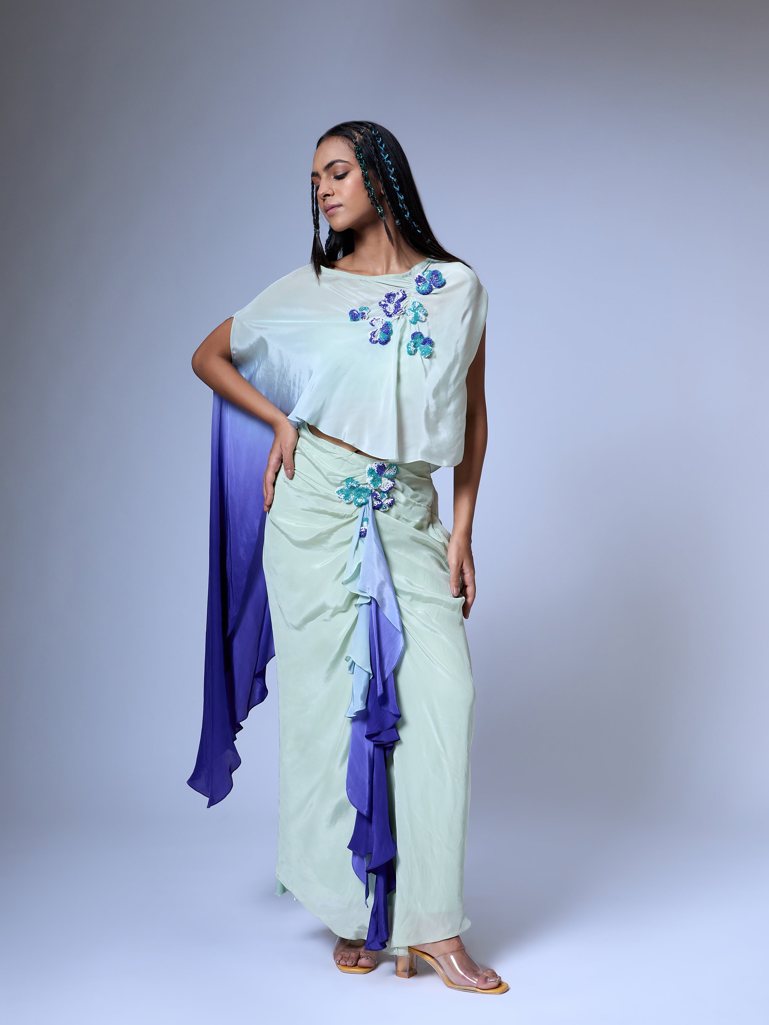 The Floral Burst Draped Top and Ruffled Skirt