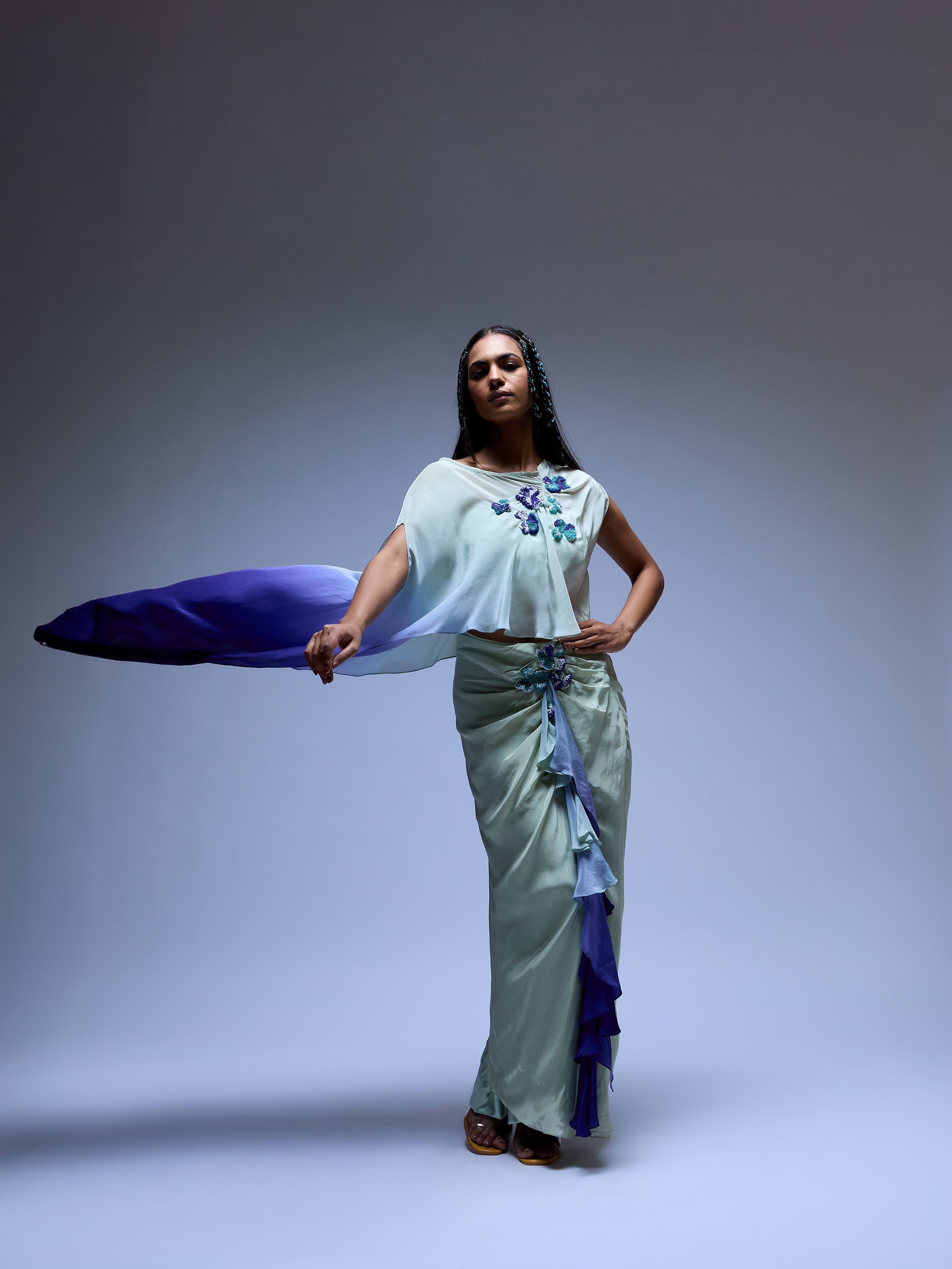 The Floral Burst Draped Top and Ruffled Skirt