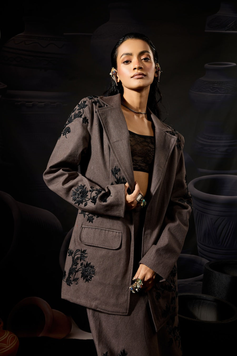 Embroidered Denim Blazer