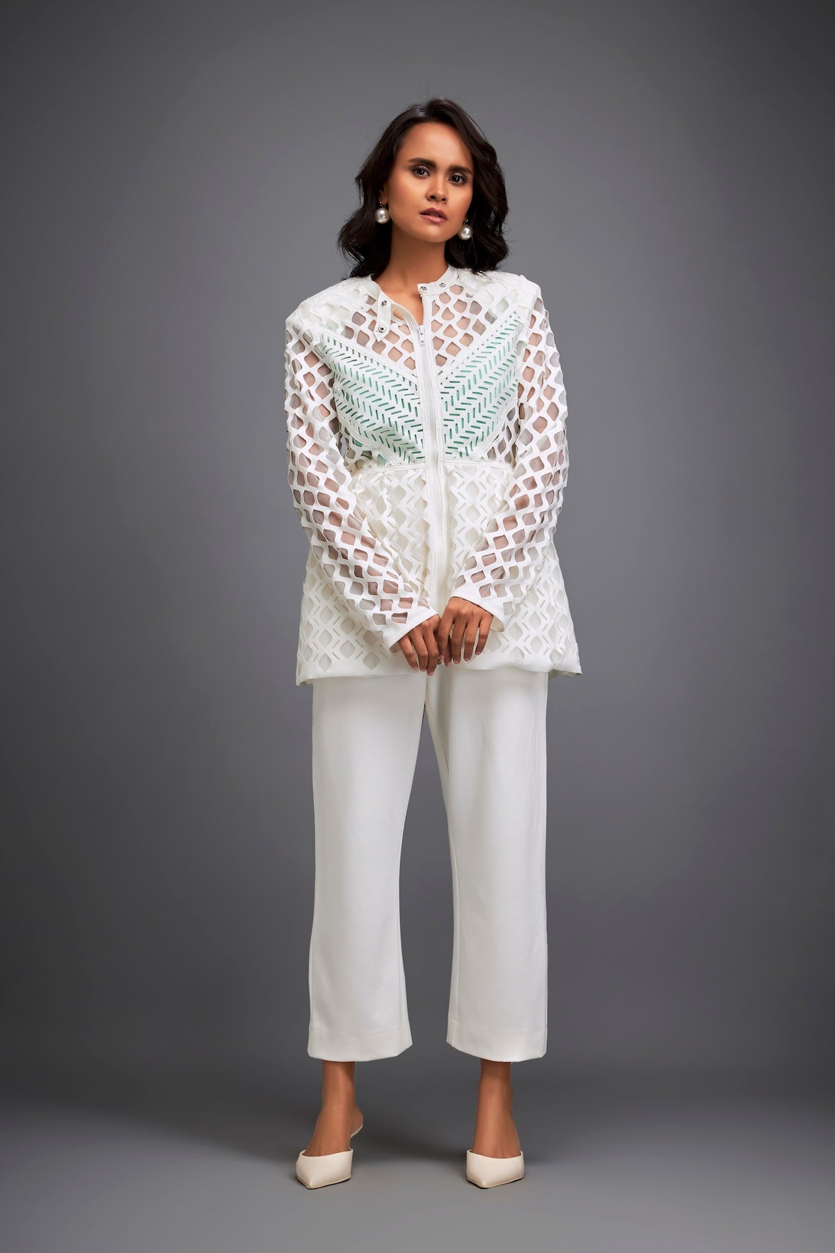 Semi-Sheer Geometric Cutout Jacket With Pants