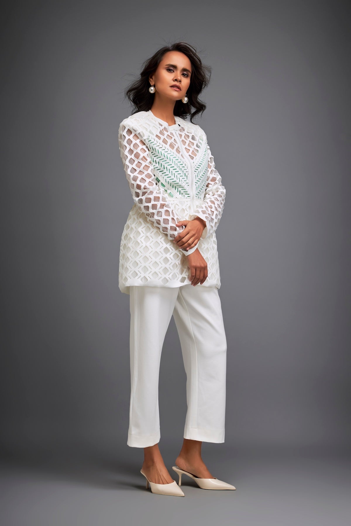 Semi-Sheer Geometric Cutout Jacket With Pants