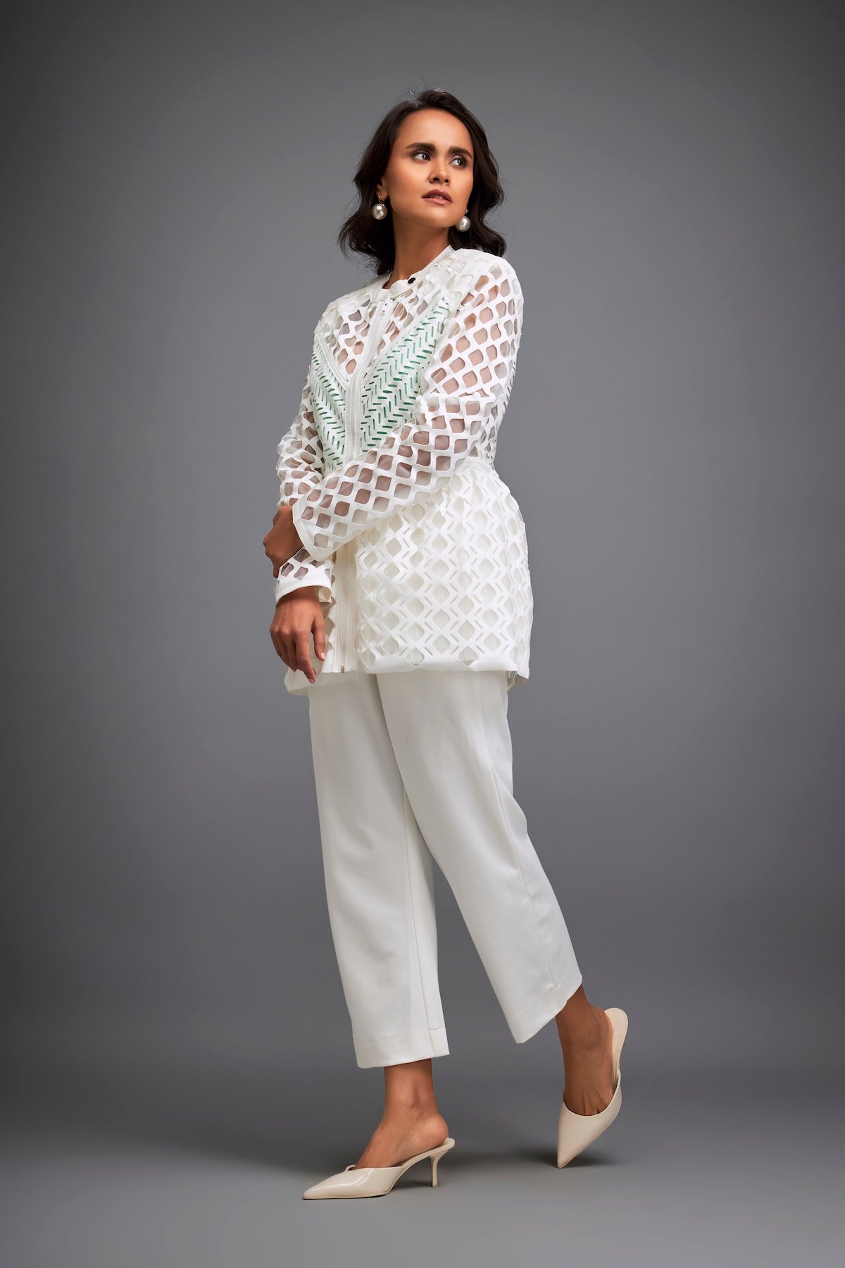 Semi-Sheer Geometric Cutout Jacket With Pants