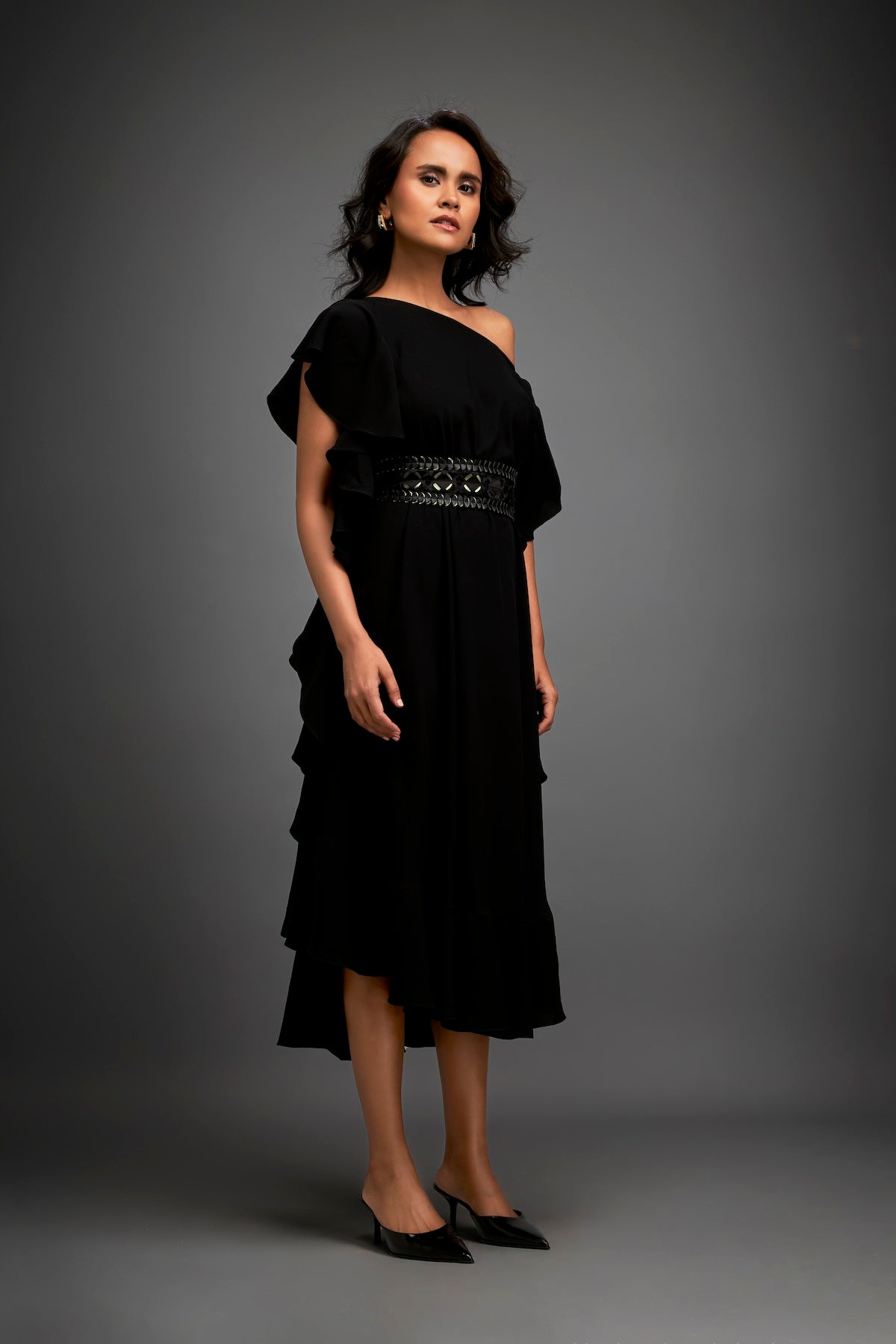 Asymmetrical Off-Shoulder Dress And Metallic Waist Belt