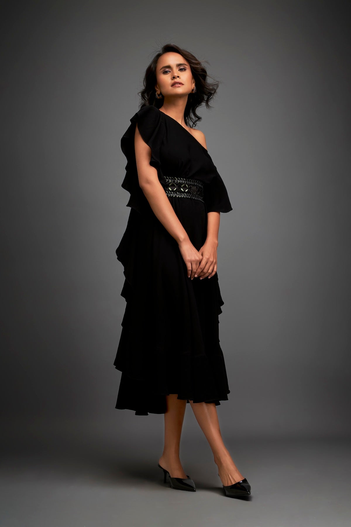 Asymmetrical Off-Shoulder Dress And Metallic Waist Belt