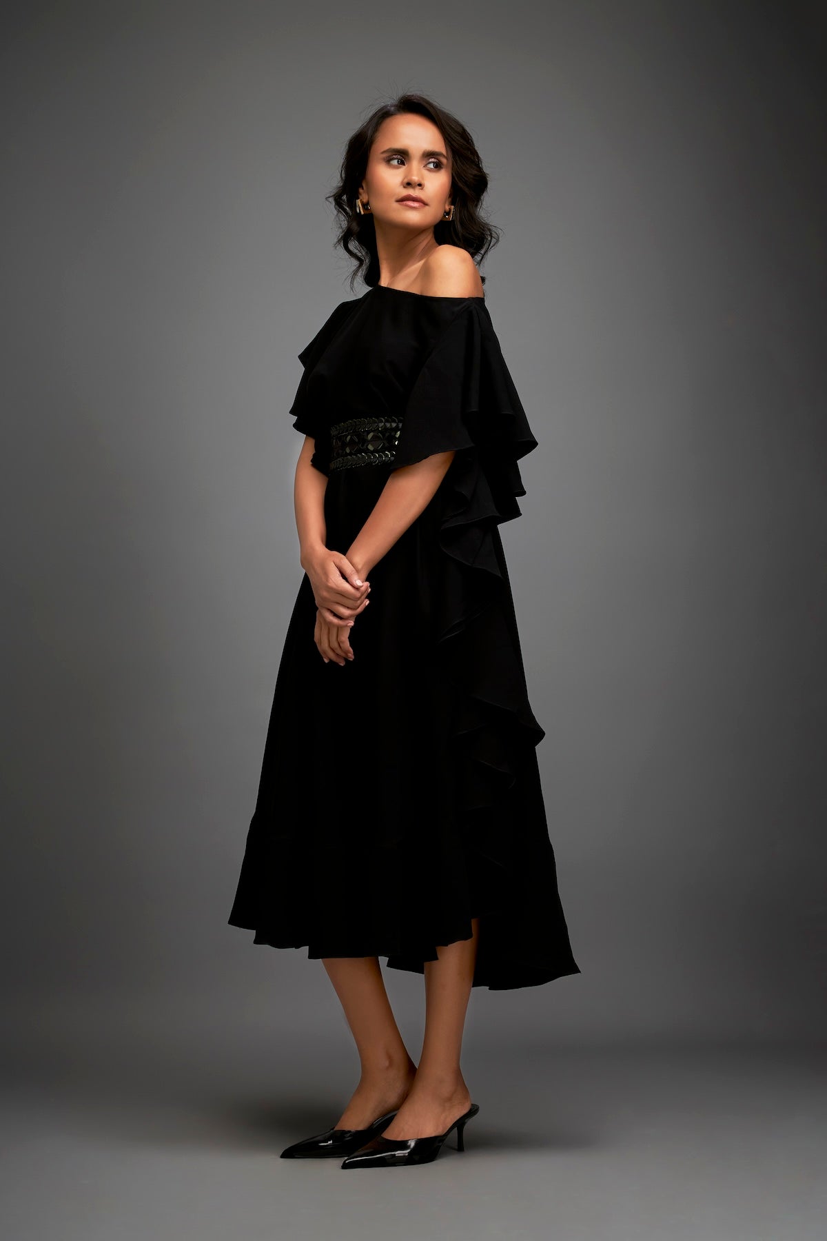 Asymmetrical Off-Shoulder Dress And Metallic Waist Belt