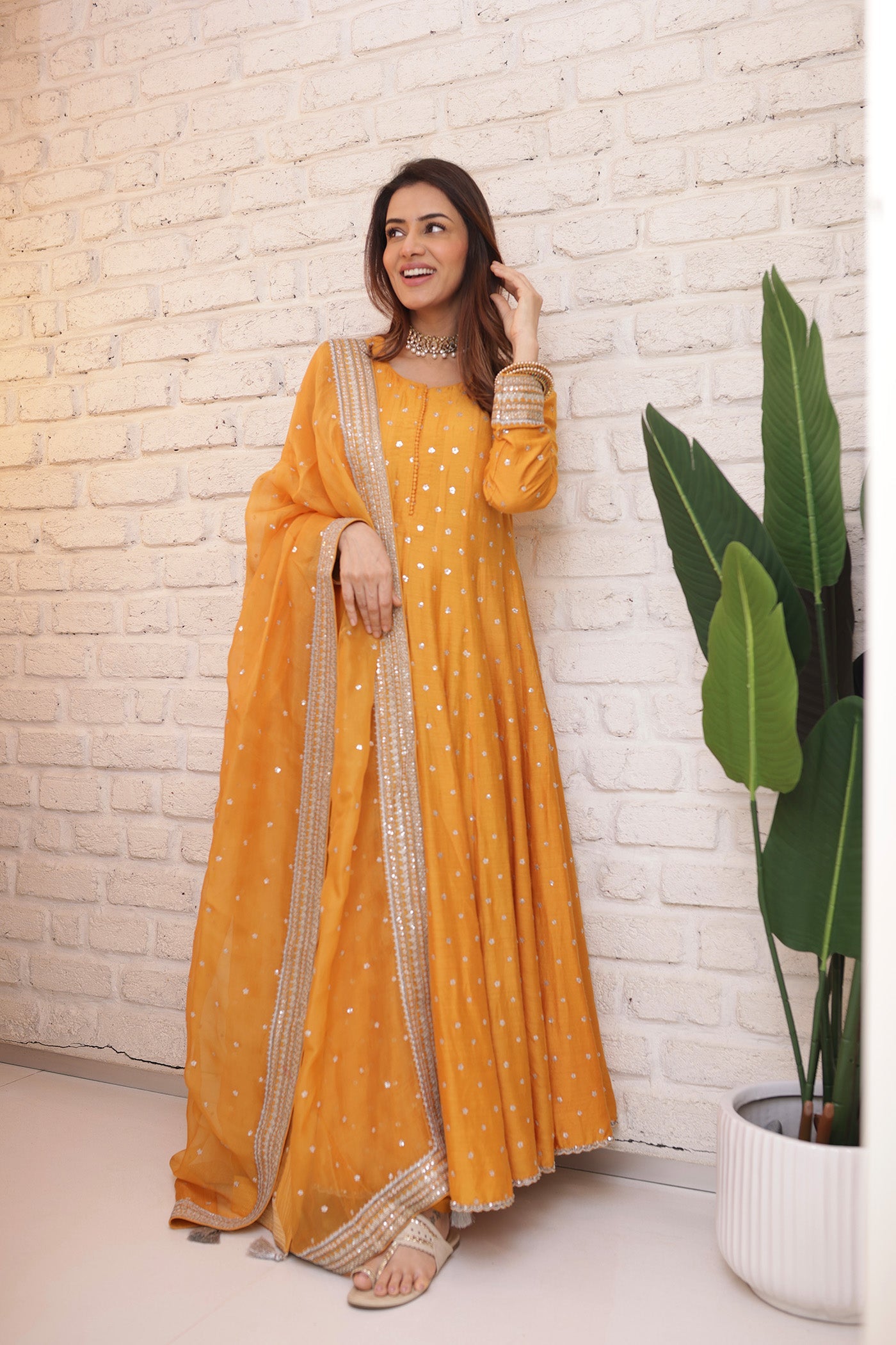 Hand Embroidered Mango Yellow Pure Muga Silk Anarkali Churidaar Set