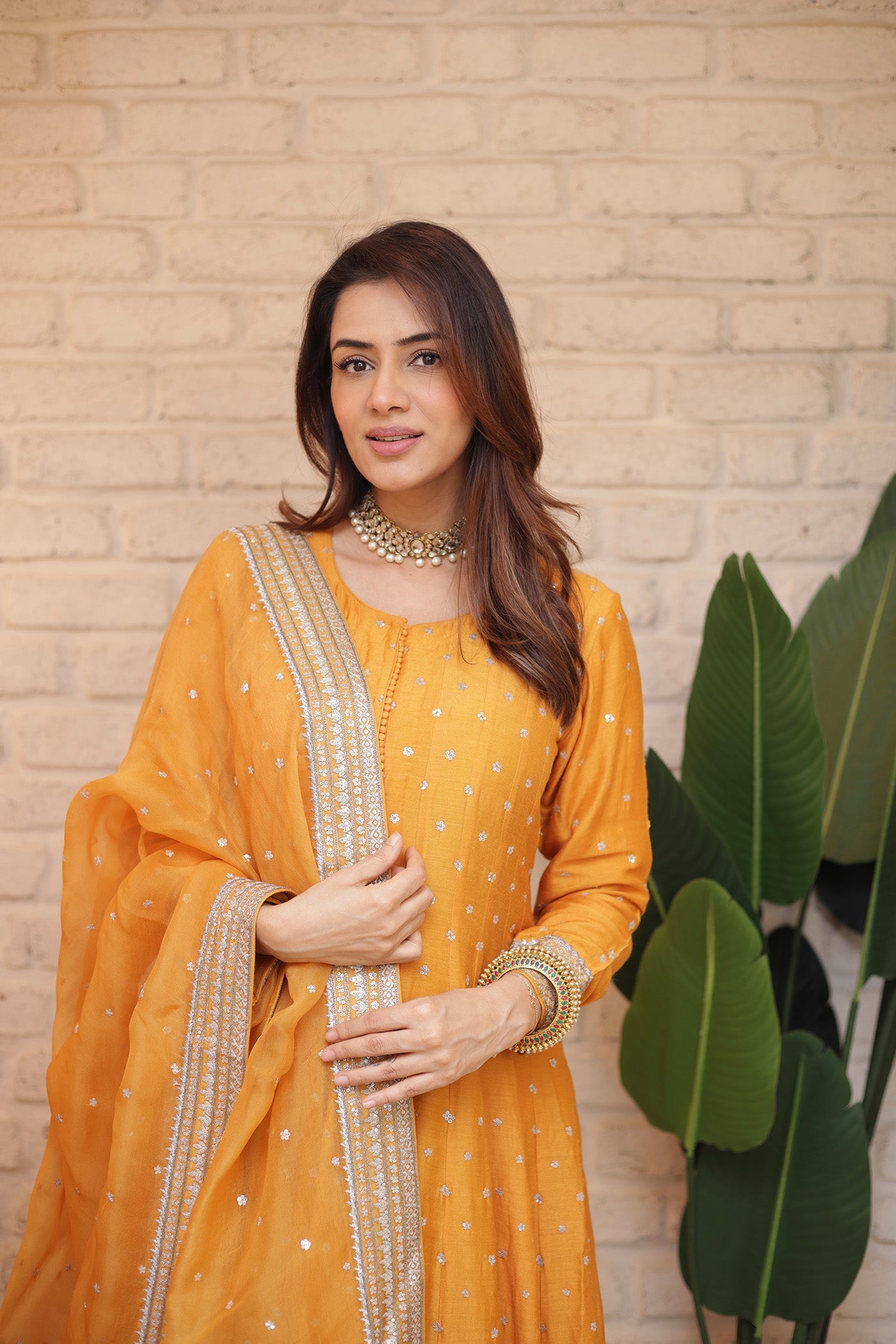 Hand Embroidered Mango Yellow Pure Muga Silk Anarkali Churidaar Set