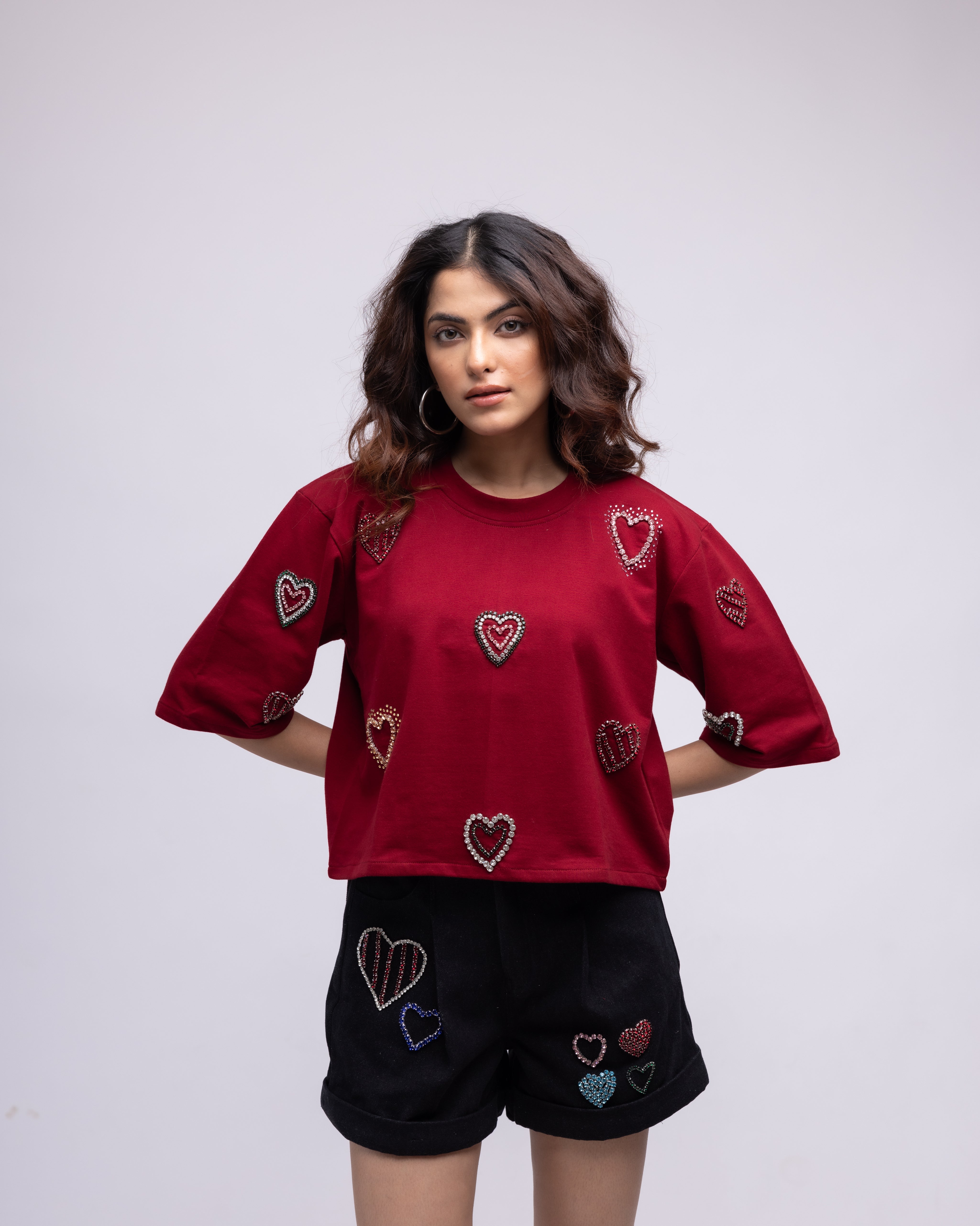 T-shirt with multi-colour embellished hearts