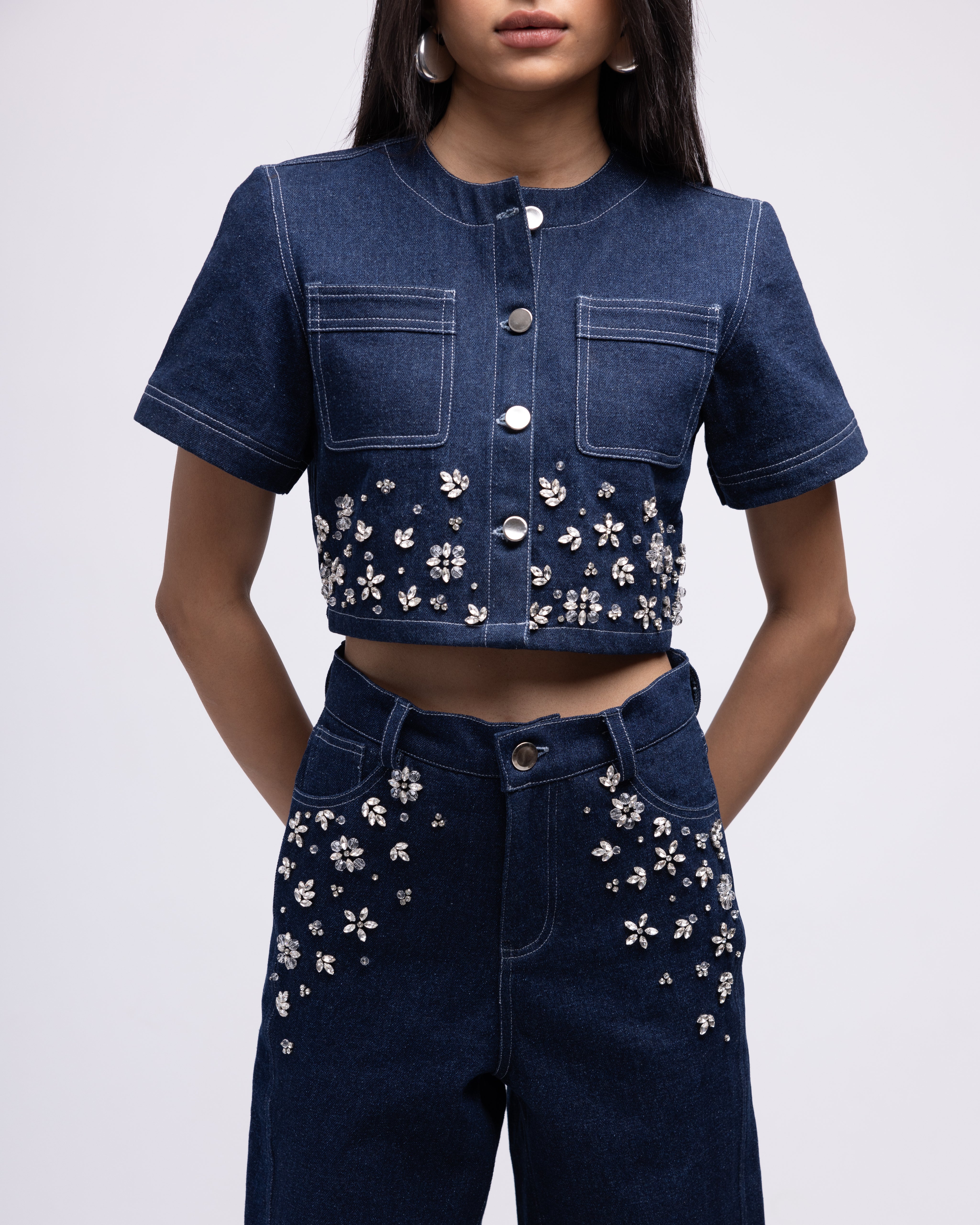 Half-sleeved denim embellished top