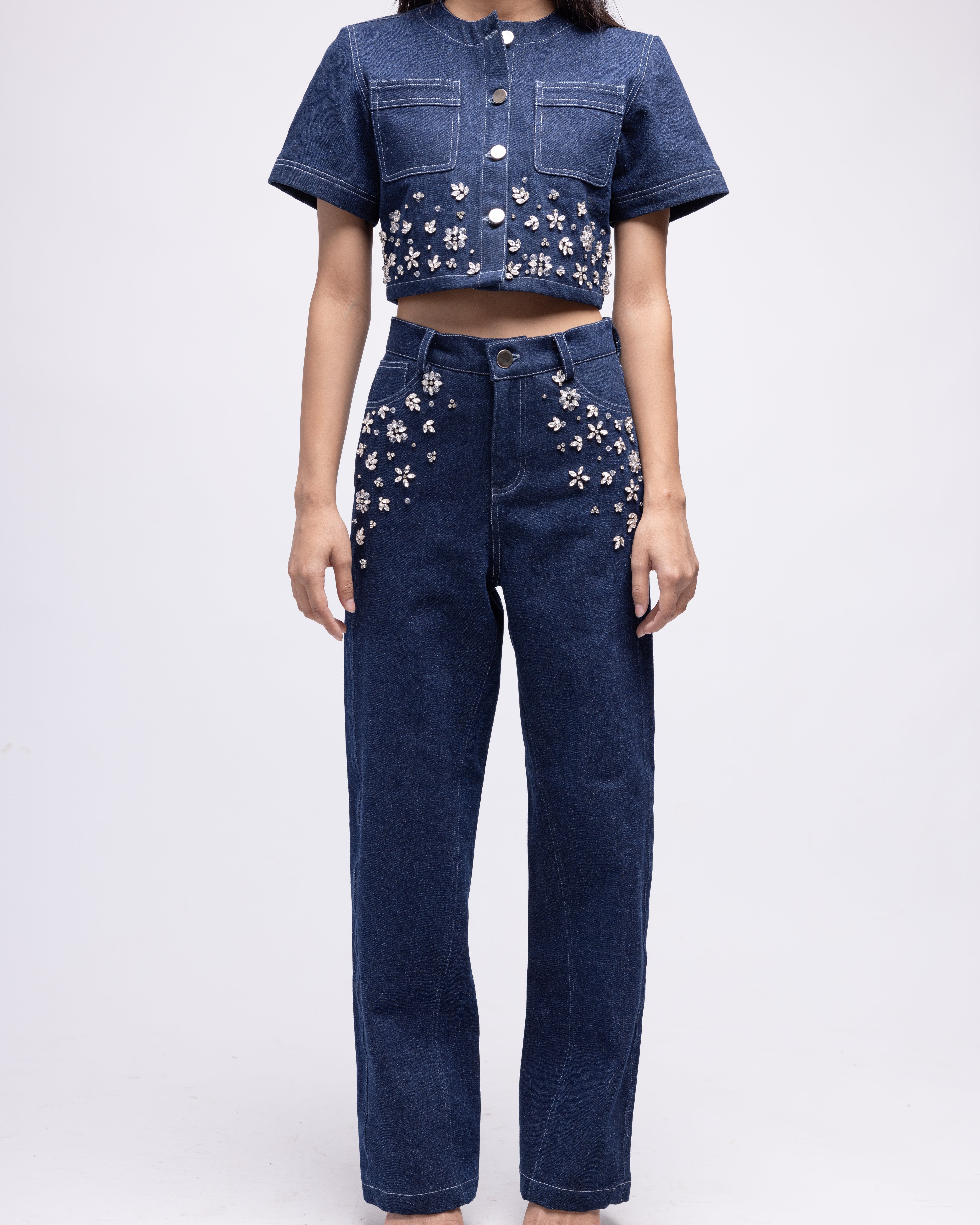 Half-sleeved denim embellished top