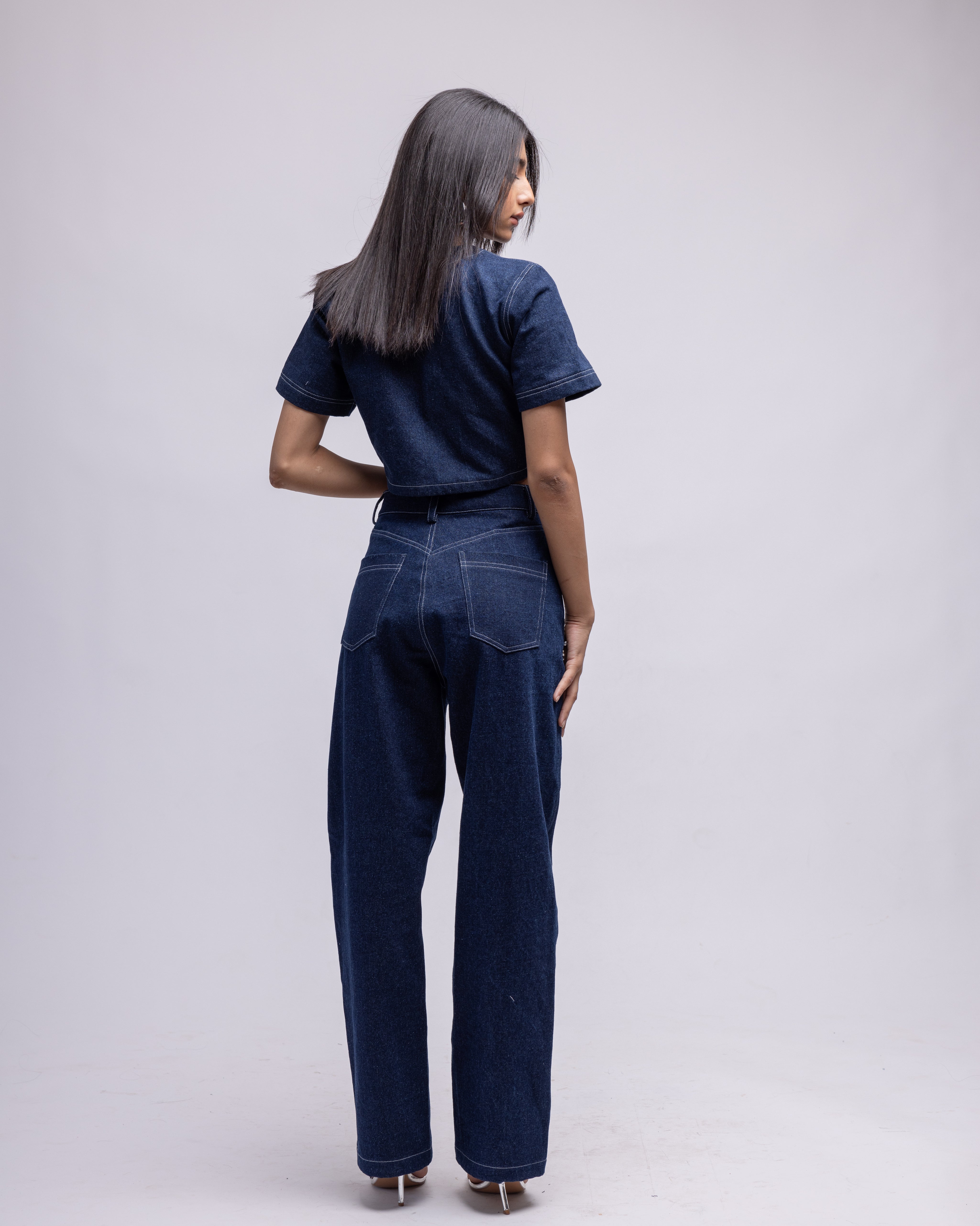 Half-sleeved denim embellished top