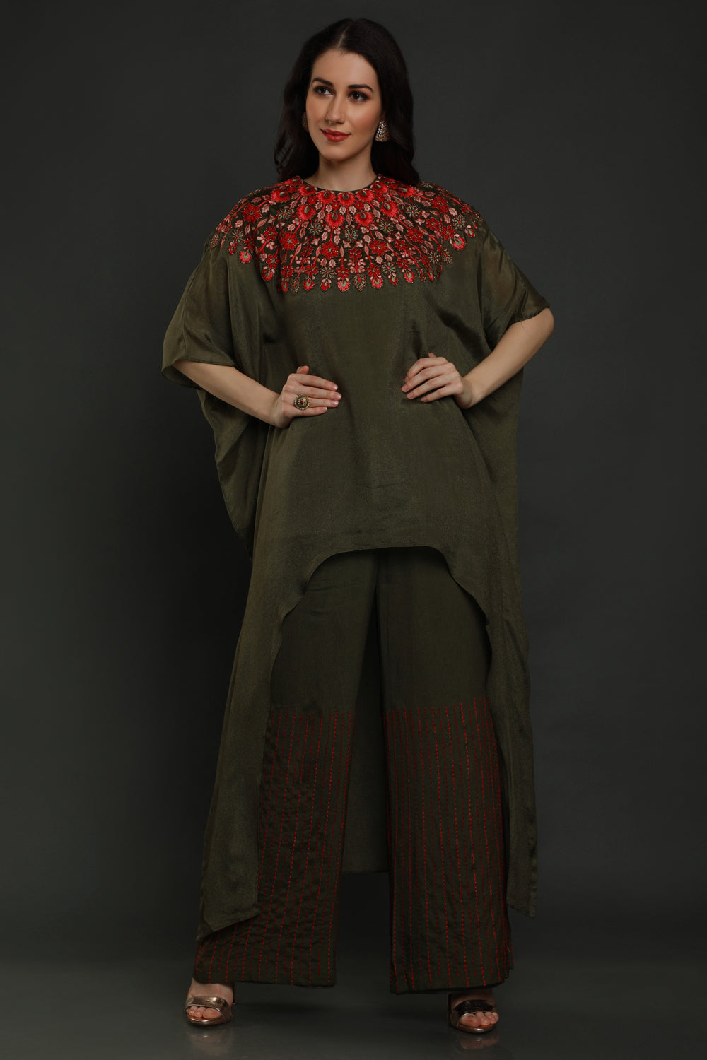 Dark Olive Kaftan With Pants - Auraya Fashion - Sejal Kamdar - #tag1# - #tag2# - #tag3# - #tag3#