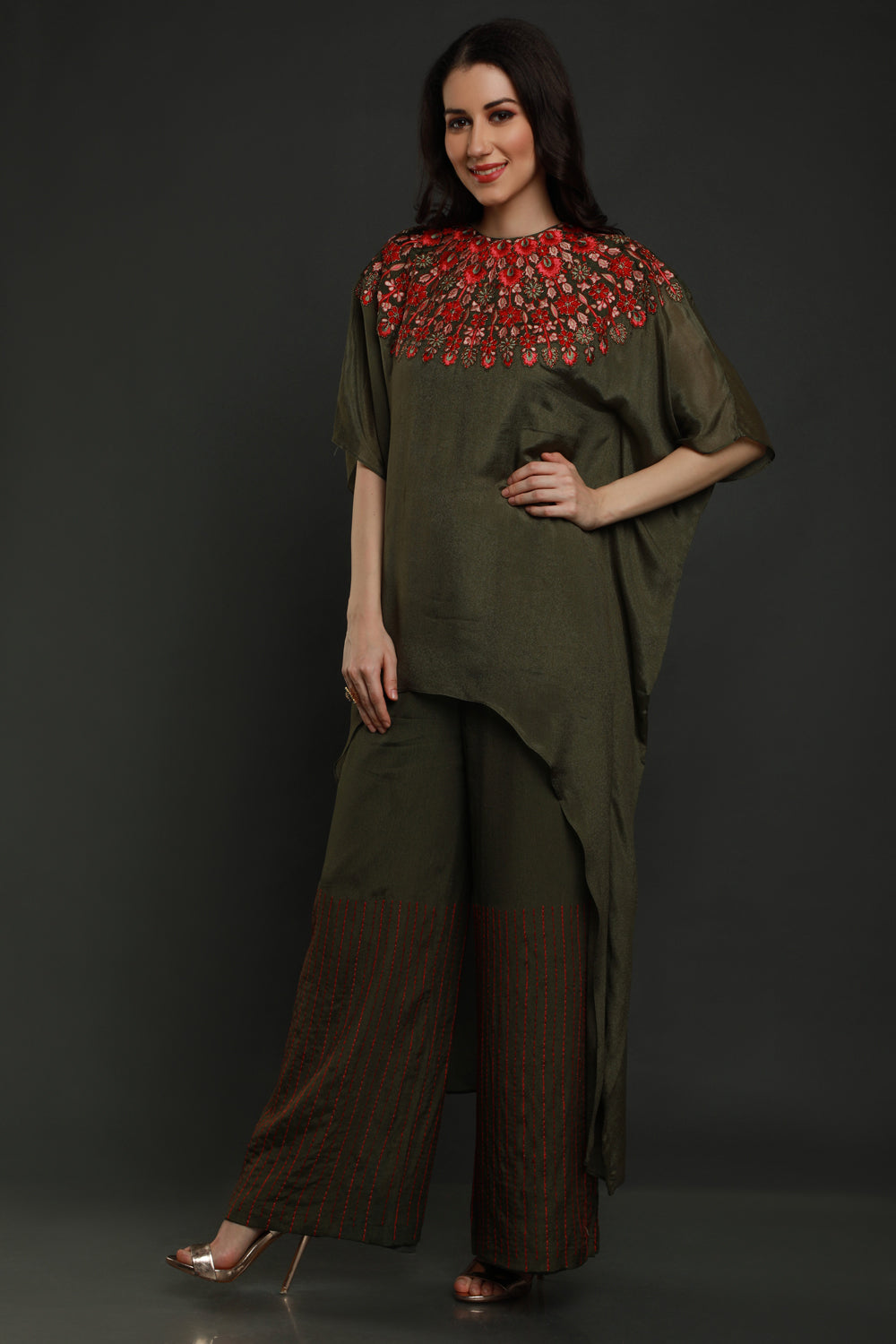 Dark Olive Kaftan With Pants - Auraya Fashion -  - #tag1# - #tag2# - #tag3# - #tag3#