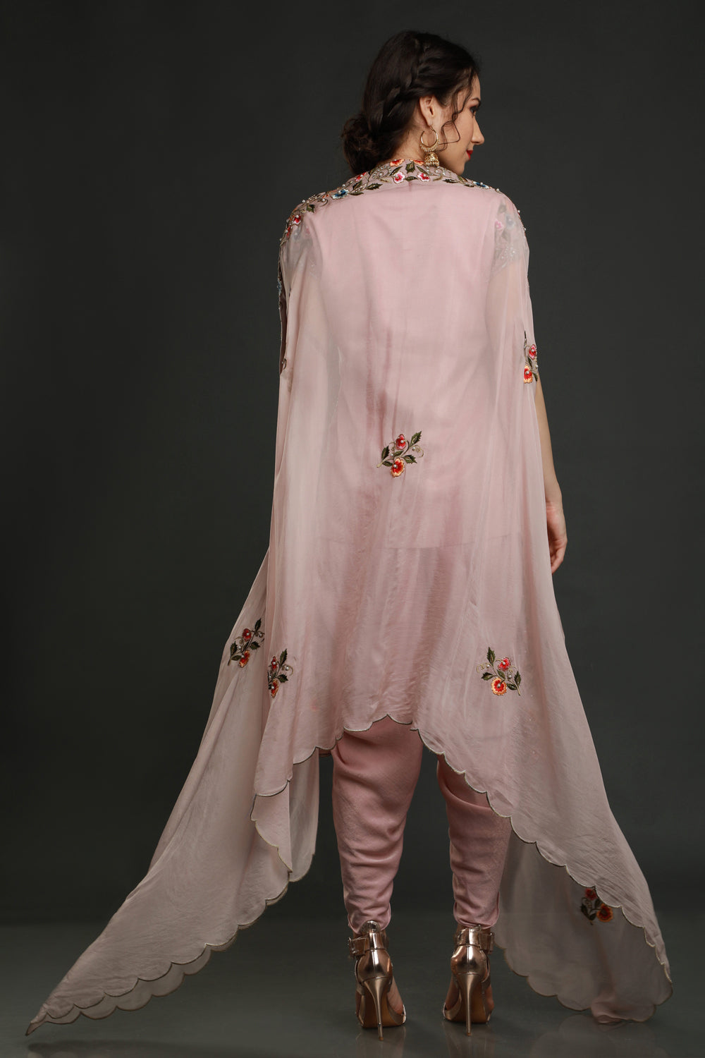 Peony Pink Short Kurta With Dhoti And Cape Dupatta - Auraya Fashion -  - #tag1# - #tag2# - #tag3# - #tag3#