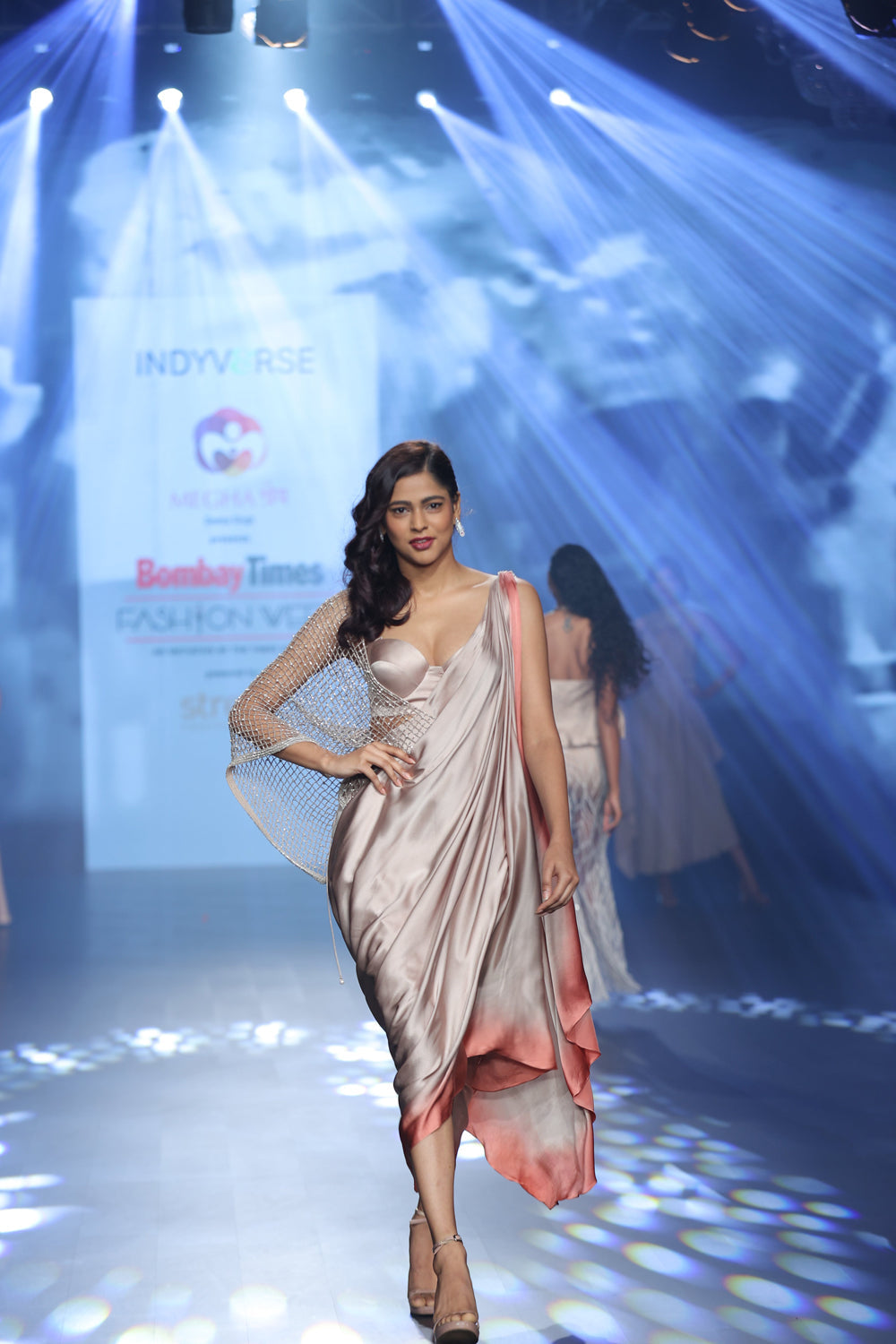 Ombre draped saree dress with a bralette and pearl detailing on mesh throw.