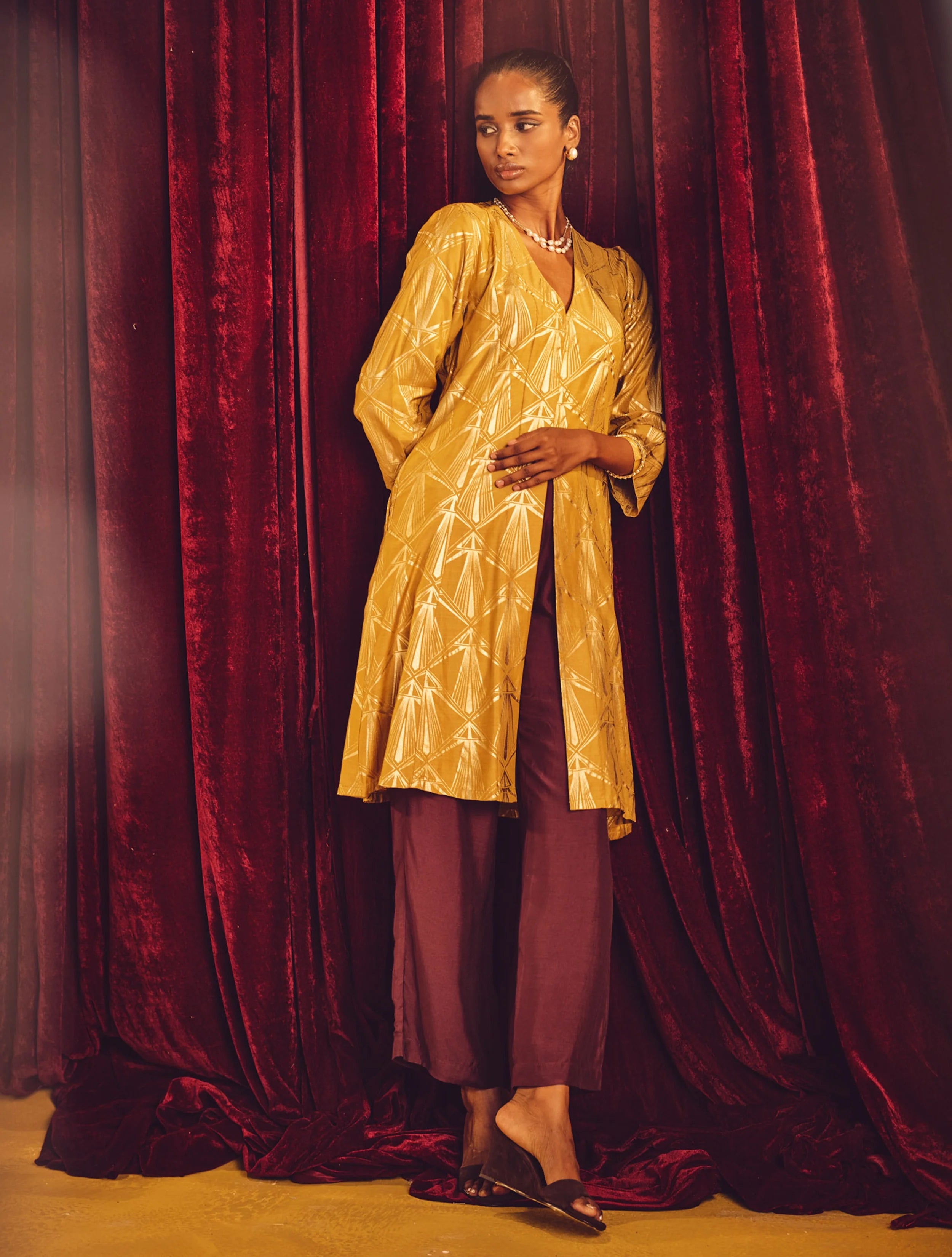 trueBrowns Mustard Gold Foil Print Muslin Silk Fit And Flared Kurta co-ord Set