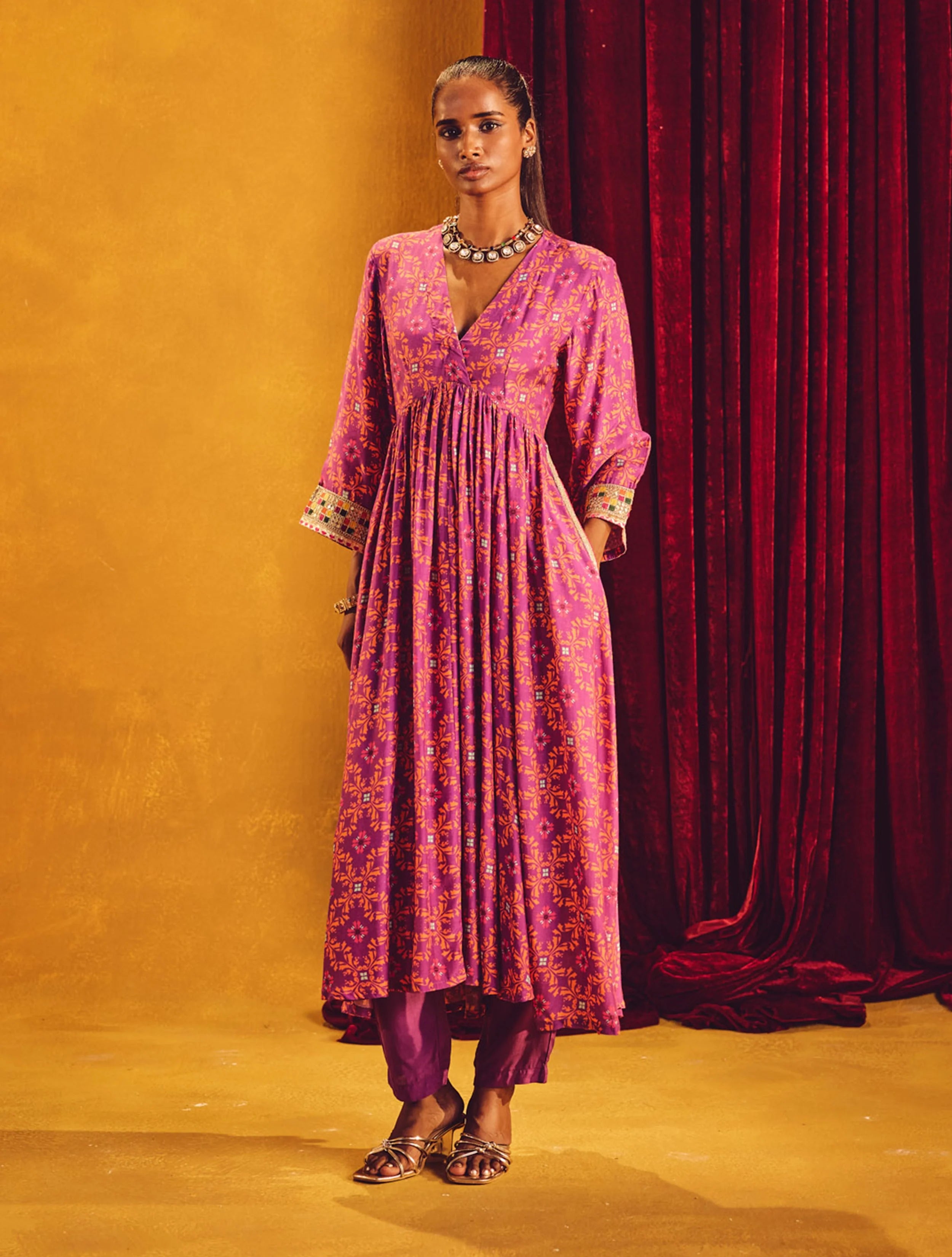 trueBrowns Purple Orange Jaal Print Viscose Arkali High-Slit Kurta Set