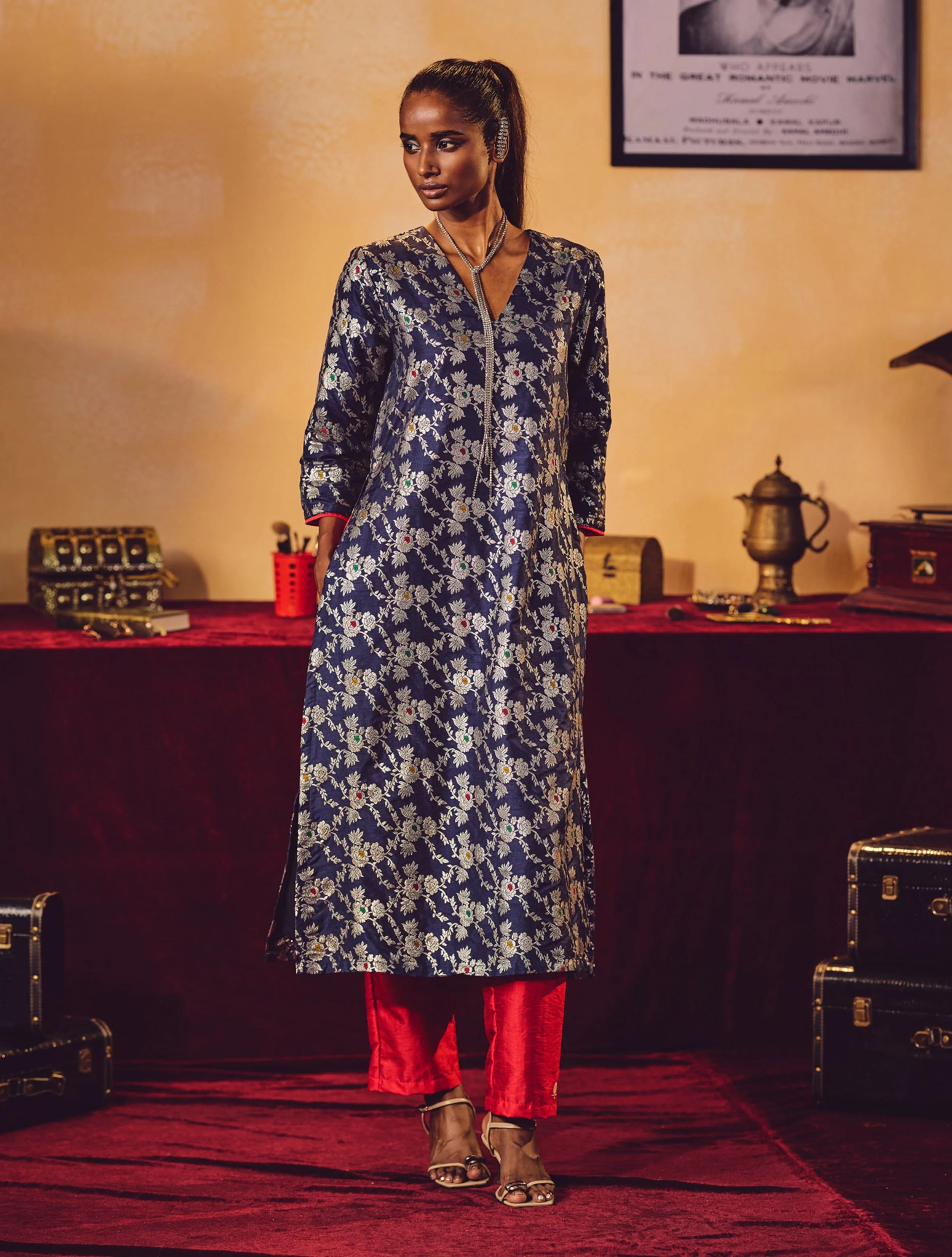 trueBrowns Blue Brocade Straight High-Slit Kurta Set