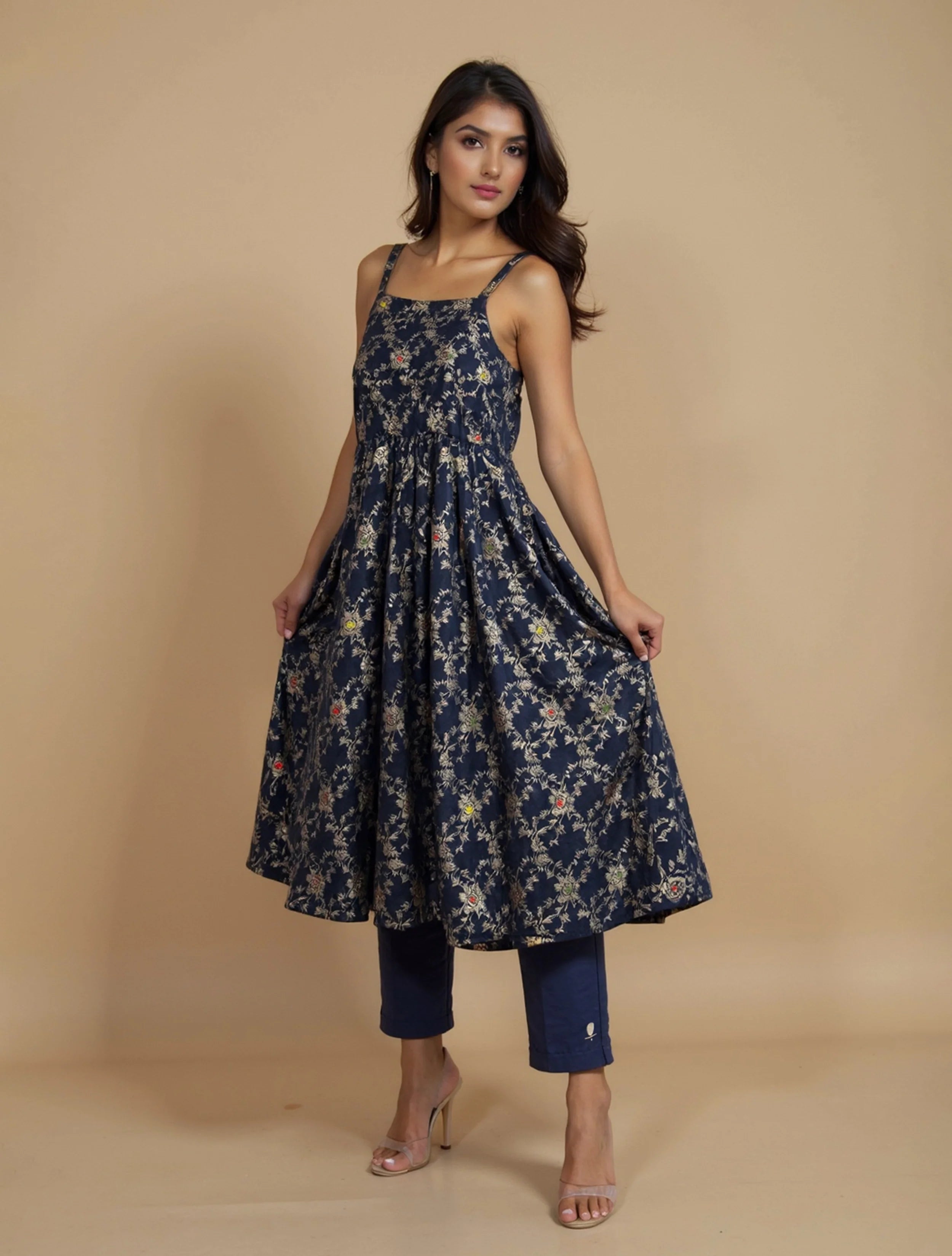 trueBrowns Blue Brocade Straight High-Slit Kurta Co-ord Set