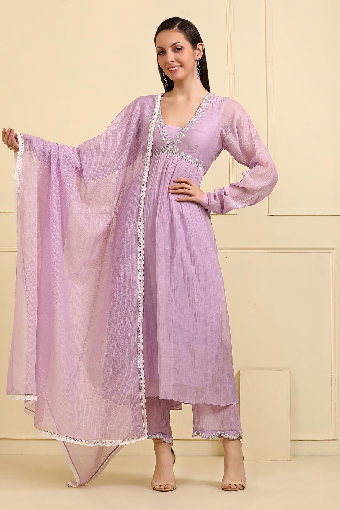 Purple Chanderi Silk Neckline Embroidered Kurta Pant Set