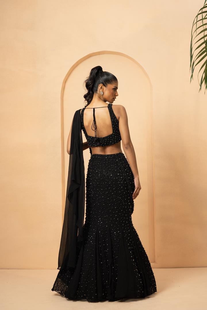 Black embroidered fishtail lehenga with drape twisted dupatta