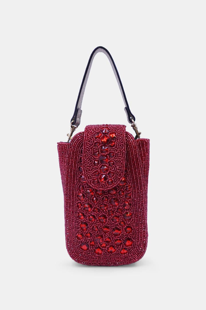 Red Maroon Crystal Embellished  Clutch with Sling