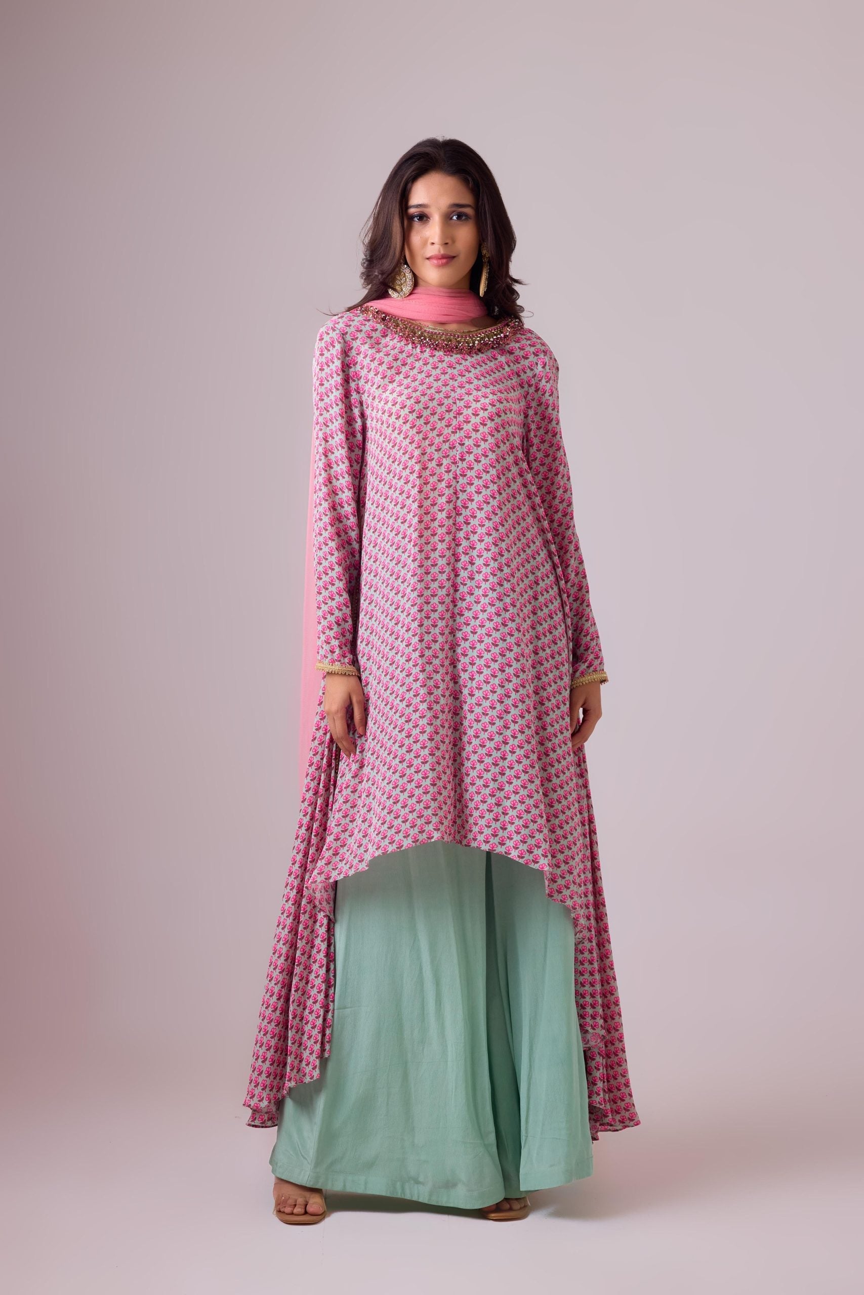 GODET TUNIC WITH NECK DETAILING WITH  PALAZZO PANT