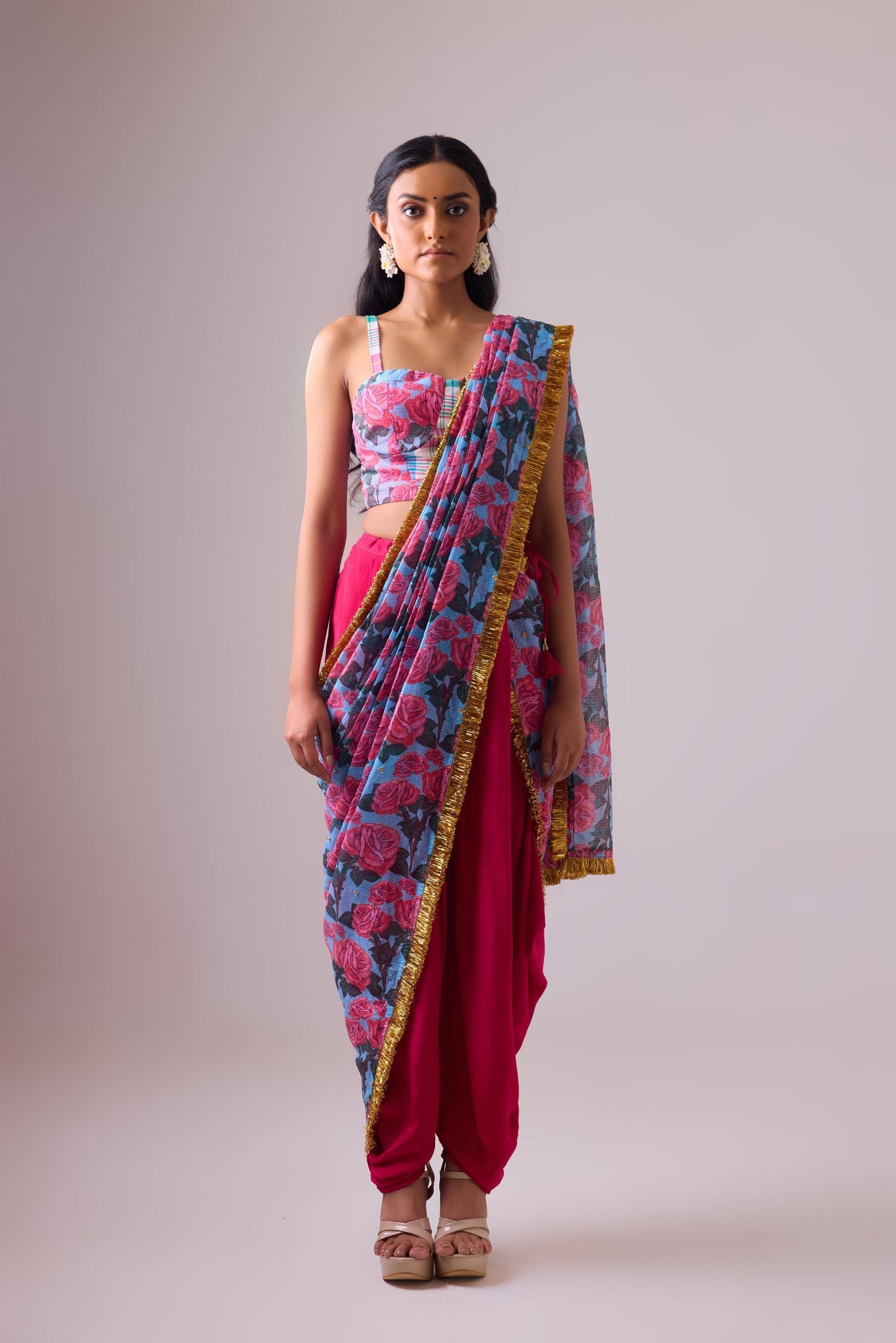 KOTA SAREE WITH DHOTI PANT PAIRED WITH  MADRAS CHECK BRALETTE