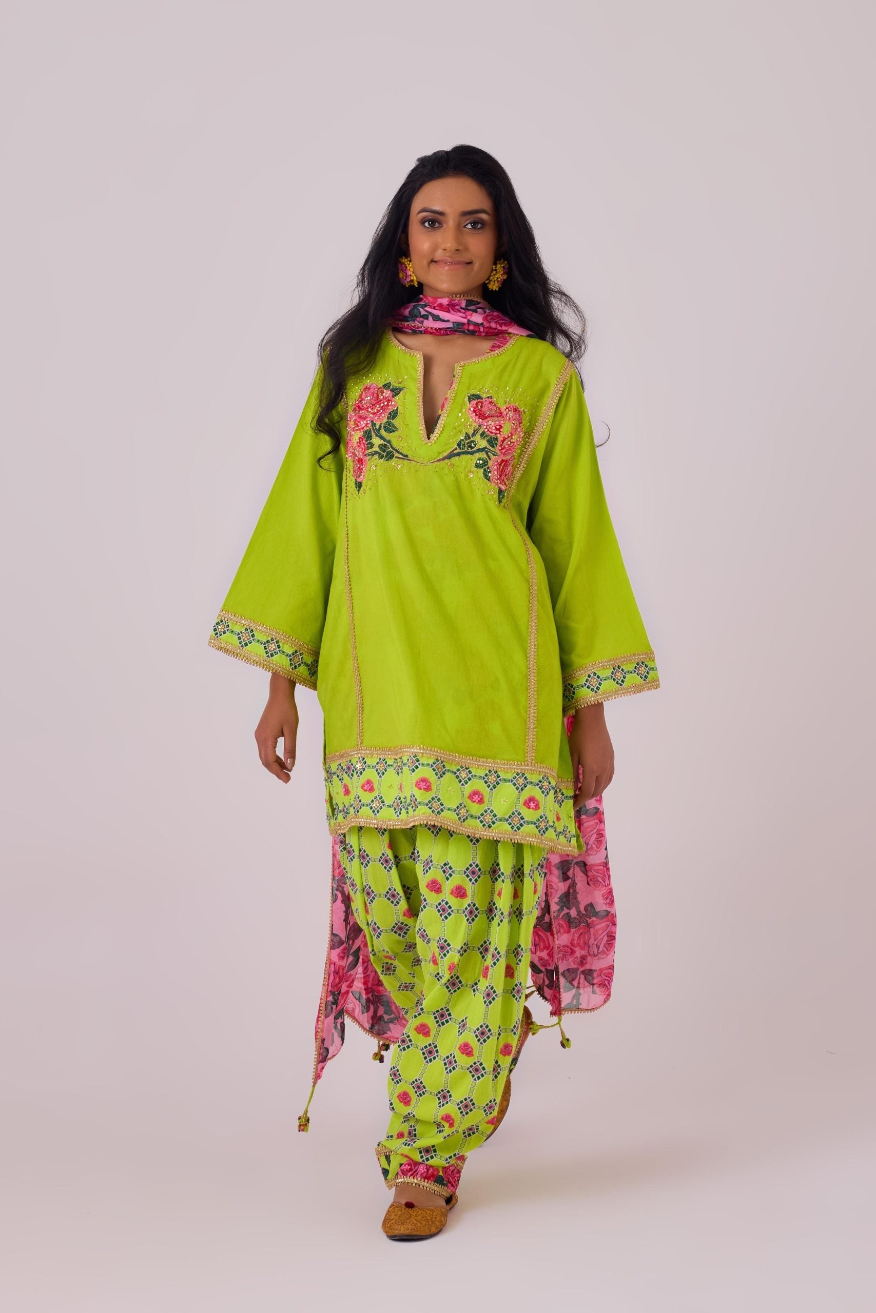 COTTON SOLID LIME STRAIGHT ROSE APPILIQUE KURTA PAIRED WITH PRINTED SALWAR AND DUPATTA