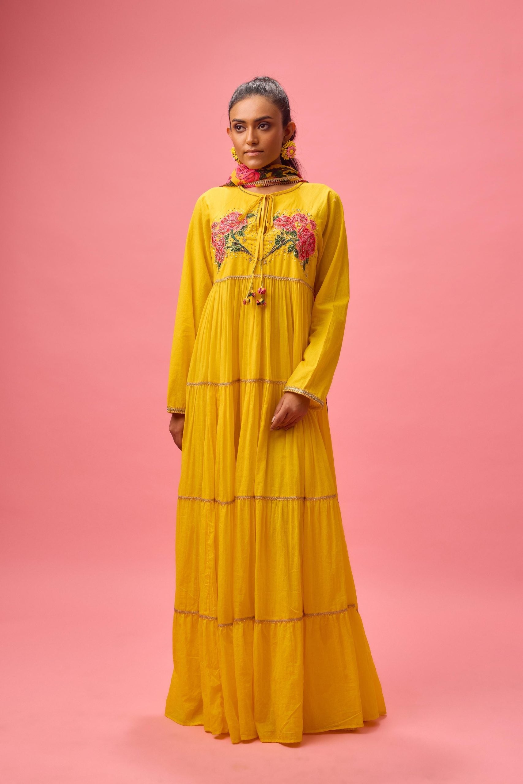 COTTON SOLID  YELLOW  ROSE APPLIQUE KALIDAR PAIRED WITH PRINTED DUPATTA AND CHURIDAR