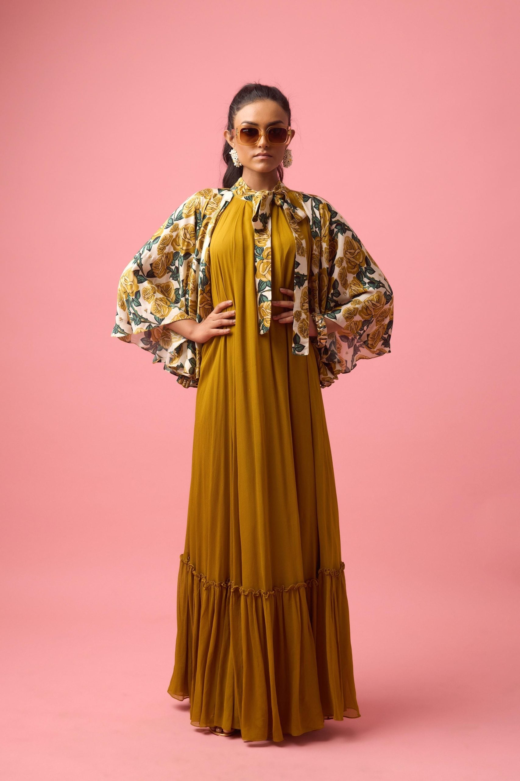 OCHRE MODAL SATIN  PRINTED CAPE DRESS