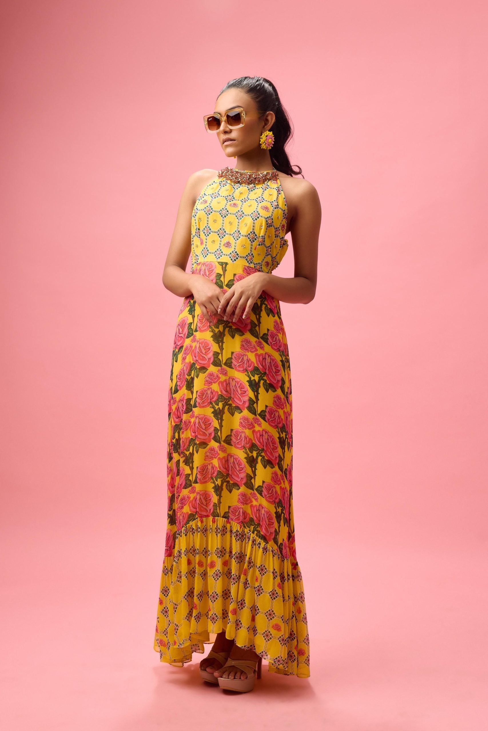 ROSE PRINTED WITH HANDWORK FINISHING ON YOKE DRESS