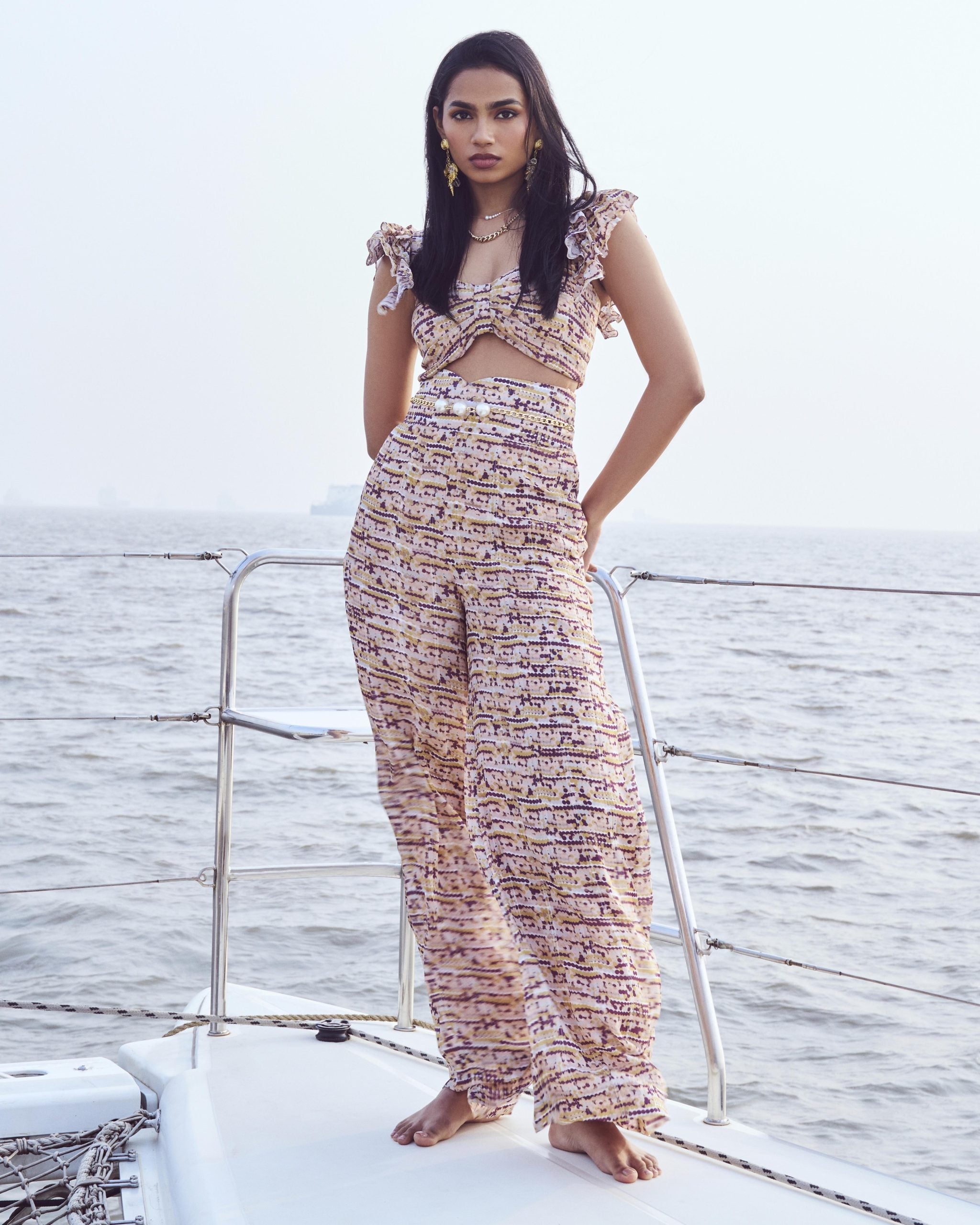 Sequin Printed Crop Top & High-Waist Flare Pants Set