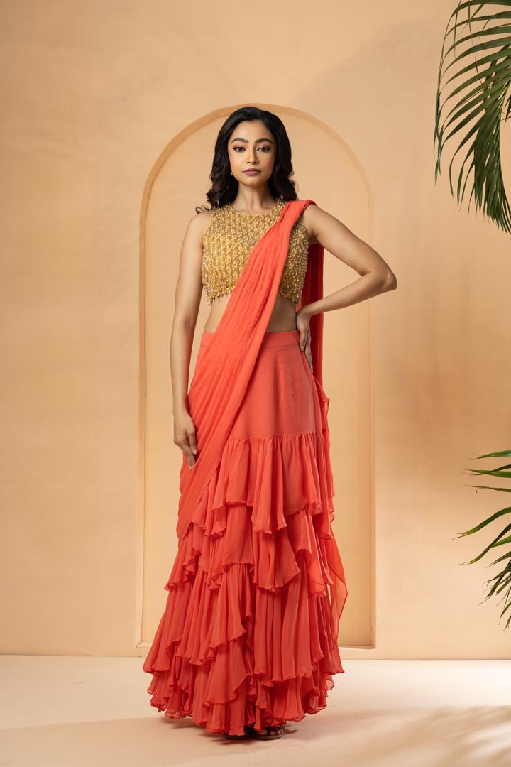 Peach embroidered pre-stitched drape ruffle saree