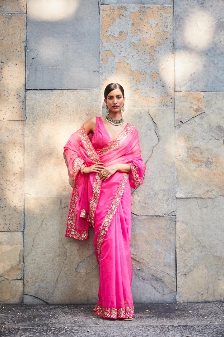 fuschia silk organza saree