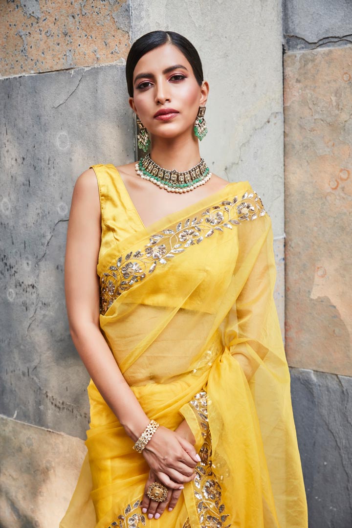 yellow silk organza saree