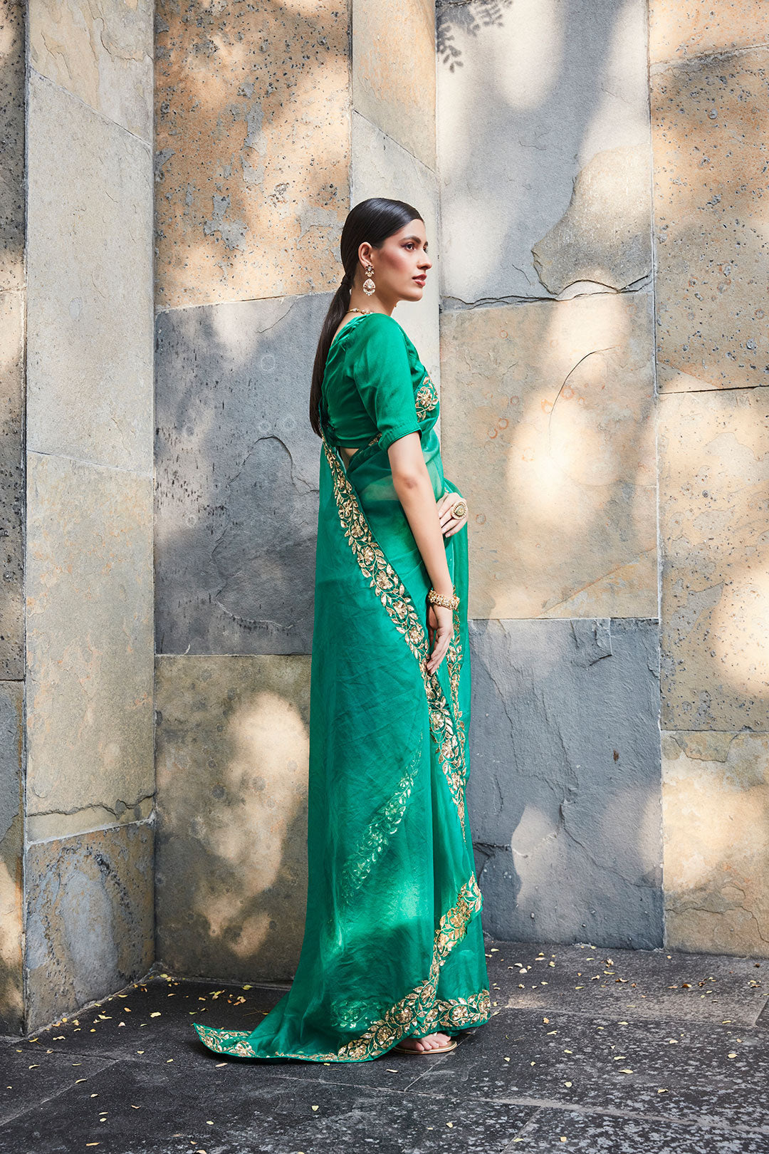 green silk organza saree