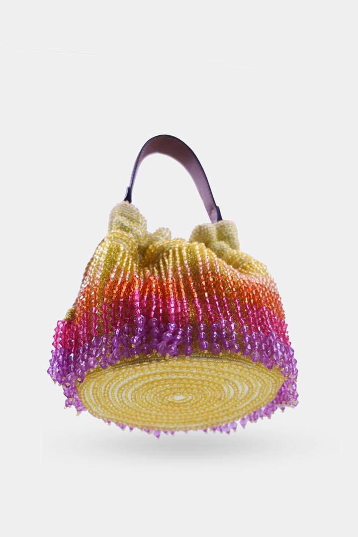 Handcrafted Yellow Ombre Potli Bag With Crystal Fringes And Drawstring Closer