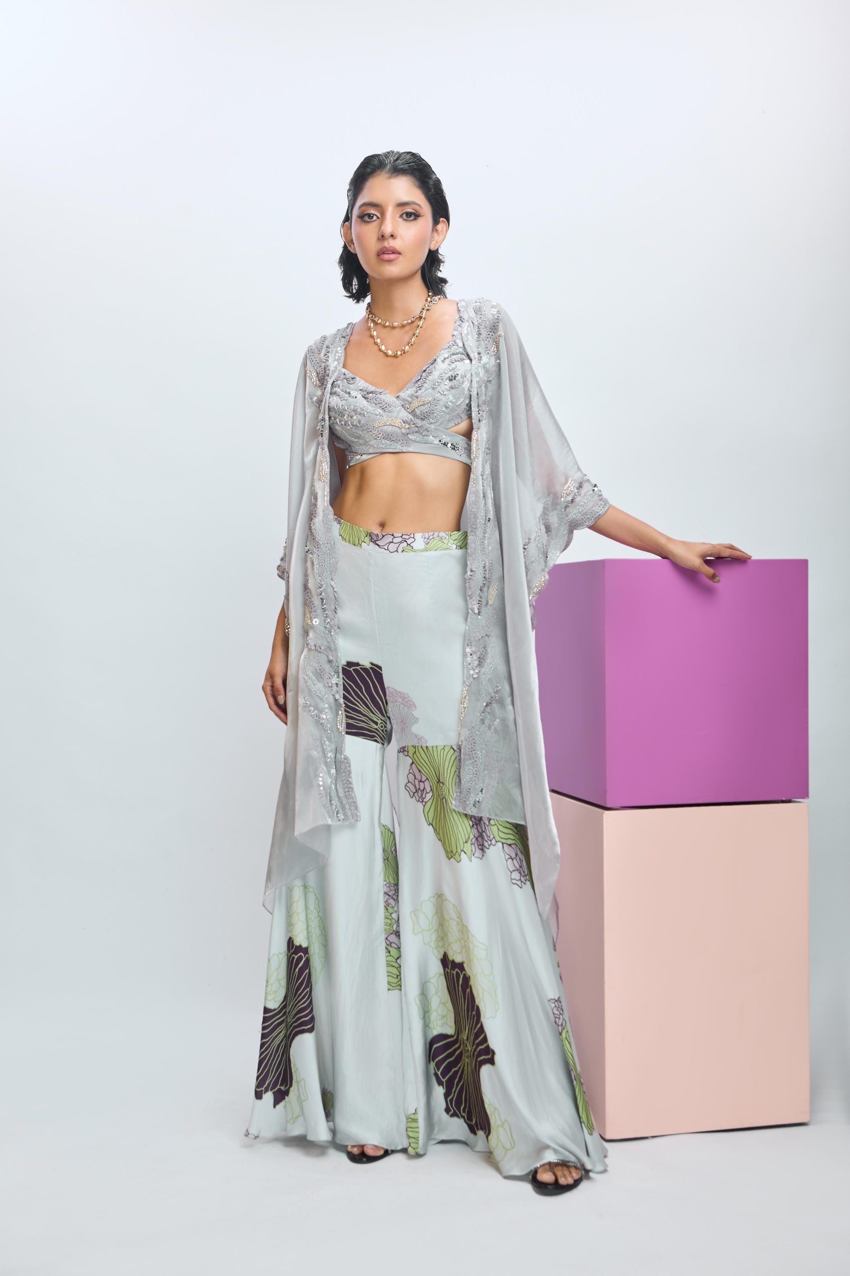 Embroidered Blouse with Printed Pants and Embroidered Scallop Dupatta