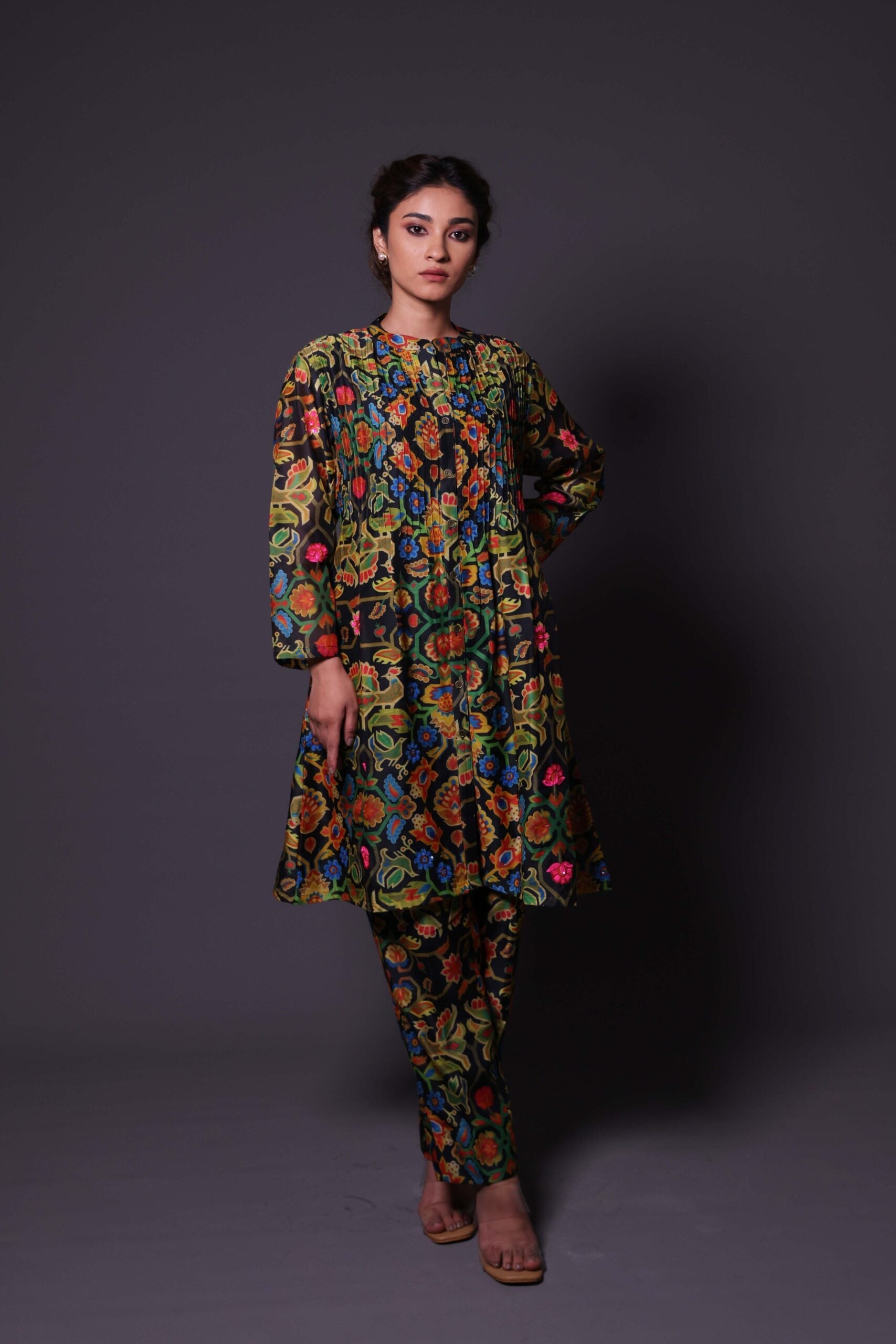 Printed Pin-Tuck Kurti with Hand Embroidery