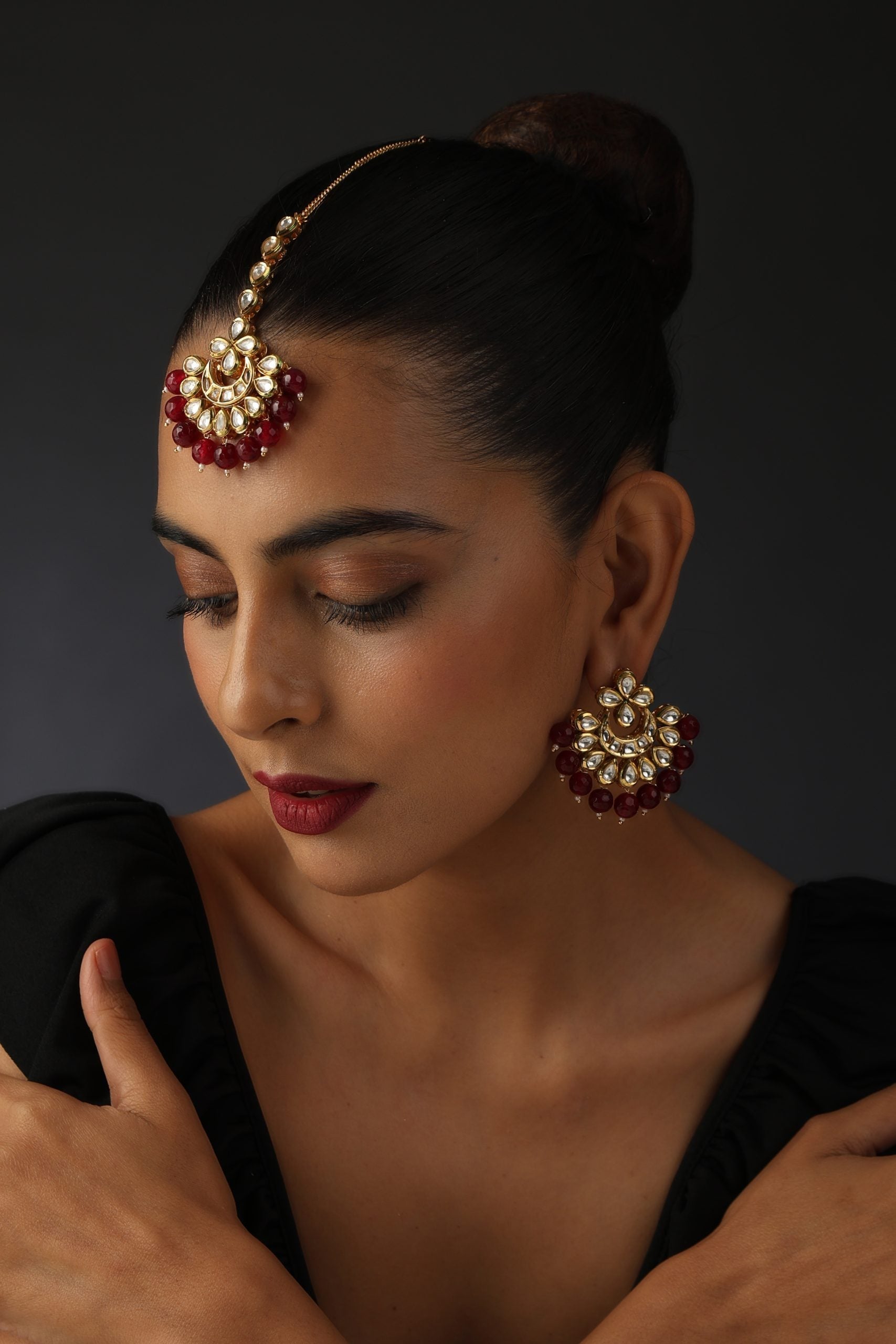 Red Gold Tone Kundan Chandbali Earrings and Tikka