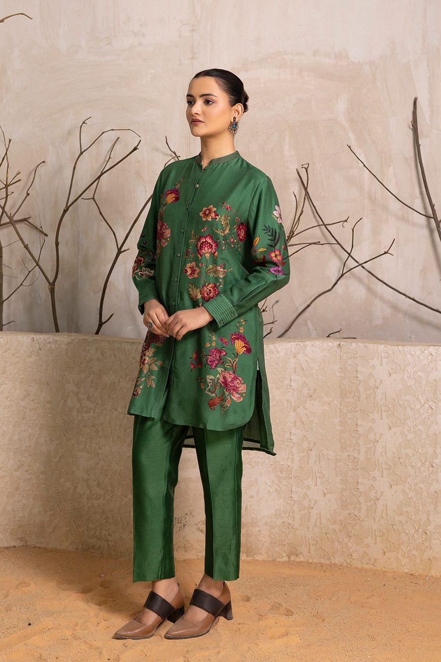Green Silk Chanderi Floral Printed Shirt Style Tunic (1 PC)