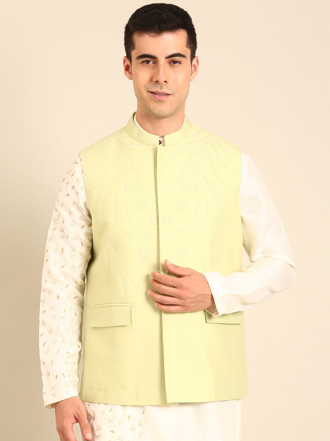 Pista Green Silk Cotton Nehru Jacket