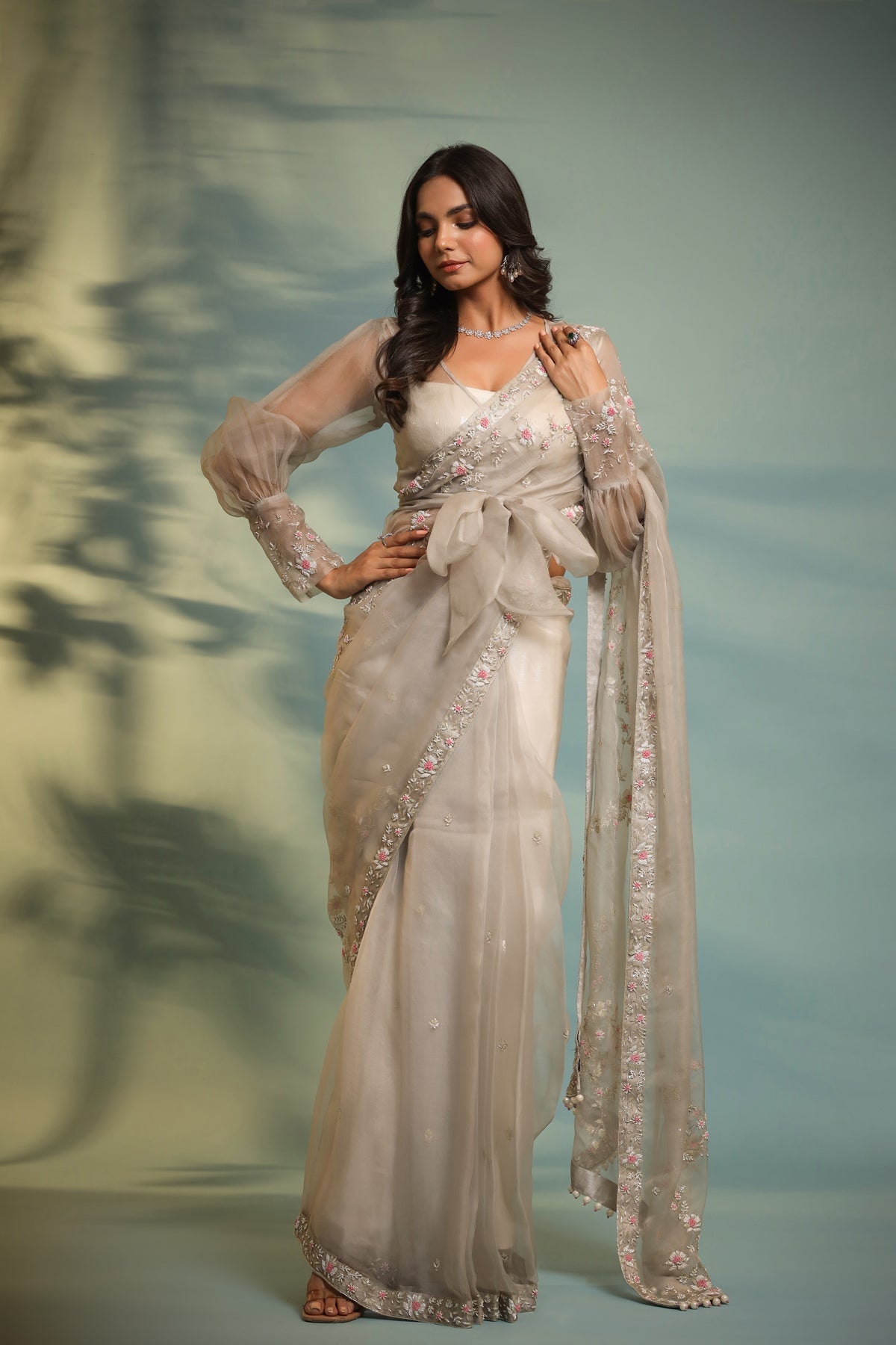 Image of Haseena frost grey ruffle saree & wrap blouse set