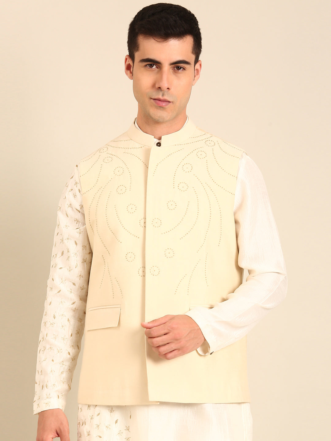 Beige Silk Cotton Nehru Jacket